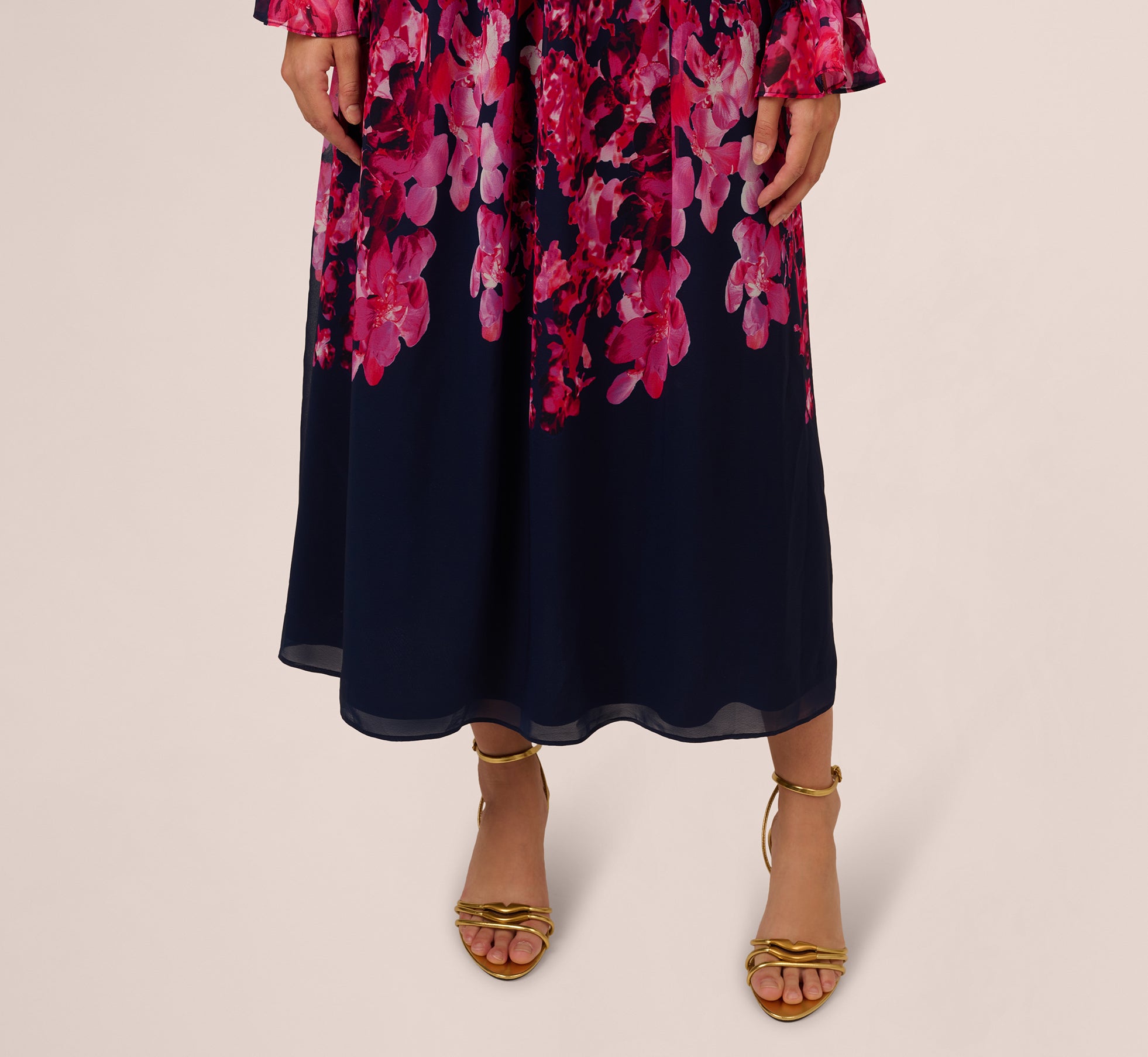 Floral Wrap Waist Ankle Dress In Navy Pink Multi、mySite、solidvoid