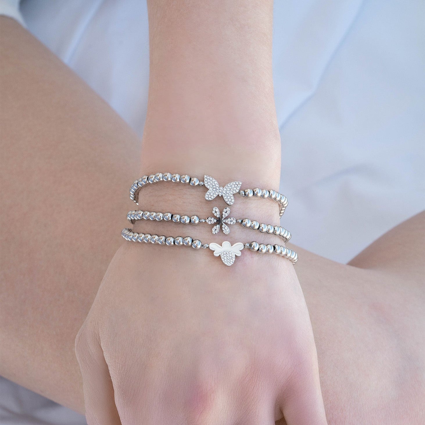 18K Gold PVD Stainless Steel Stone Butterfly Metal Beaded Stretch Bracelet / BRJ1021、mySite、dreamappss