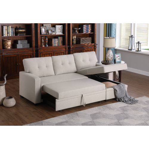 Upholstered Pull out Sectional Sofa with Chaise、、casual