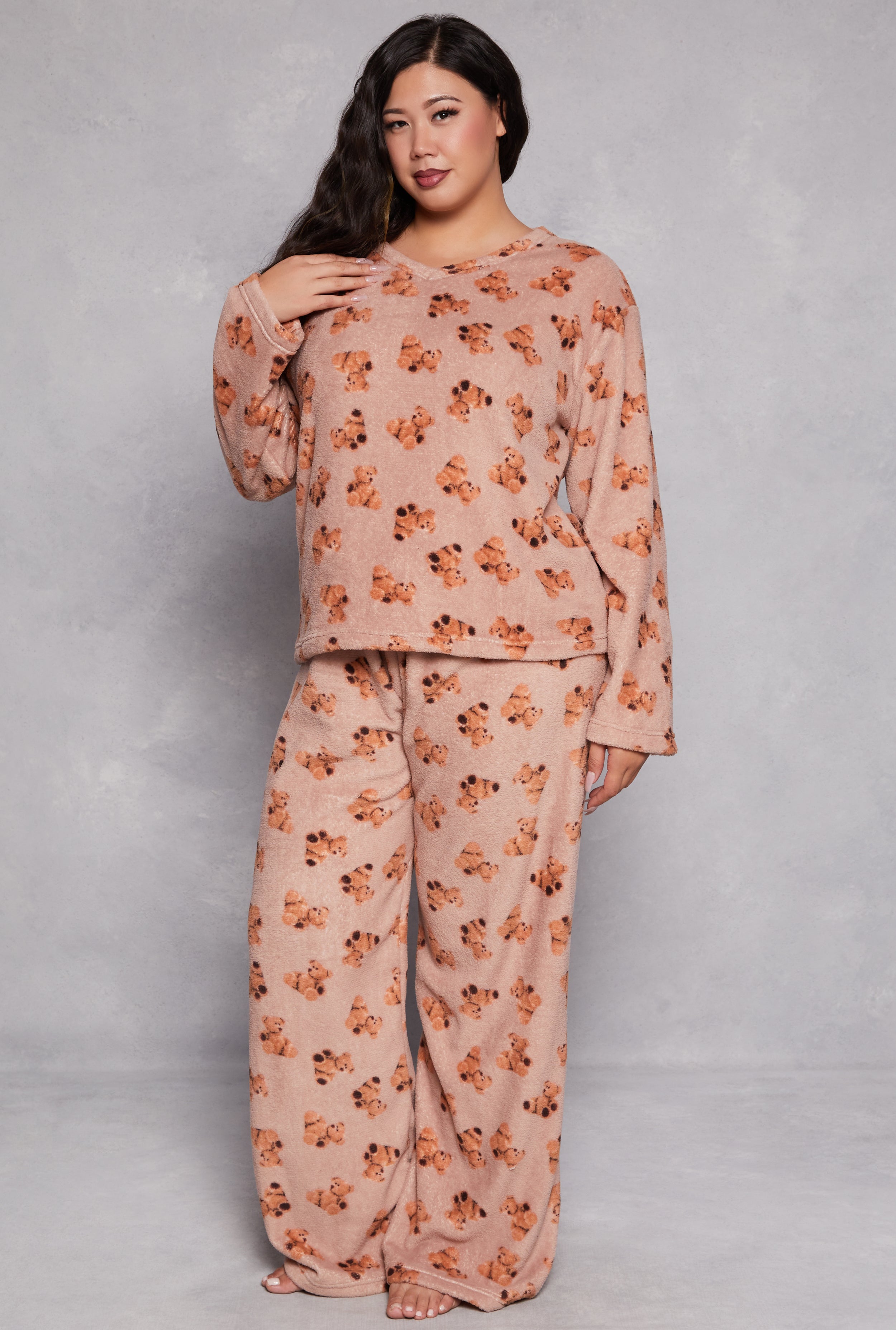 Plus Size Teddy Bear Print Pajama Top and Pants Set、mySite、camillekostekn
