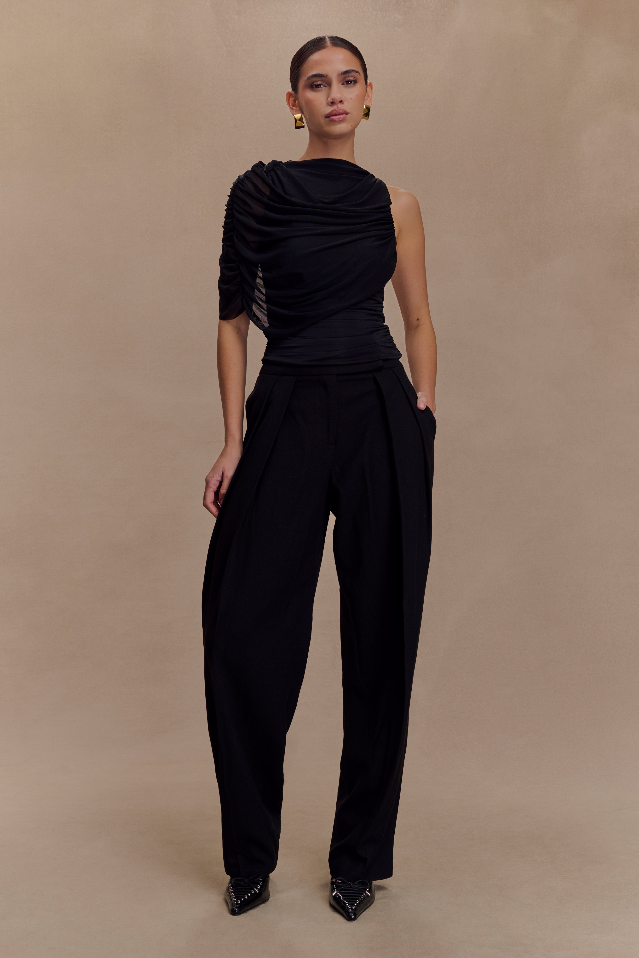 Pruedance Slinky Draped Top With Mesh Overlay - Black、mySite、solidvoid