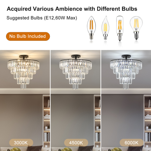 (Same as W1340110374/L5011) 20" Black Crystal Chandelier Ceiling Light, Modern Luxury 10-Light Flush Mount Light Fixture, Elegant Home Lighting for Living Room, Dining Room, Bedroom (No Bulbs)、、eastwooduniform