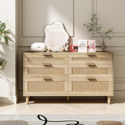 51.18"6-Drawers Rattan Storage Cabinet Rattan Drawer,for Bedroom,Living Room,Natural (Same SKU:W757P198980)、、casual