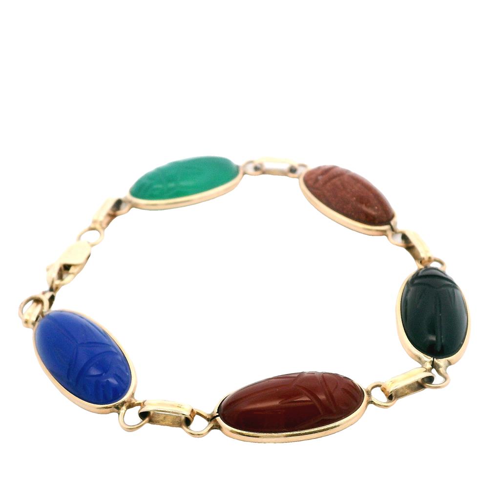  Estate 14K Yellow Gold Multi Gemstone Scarab Link Bracelet