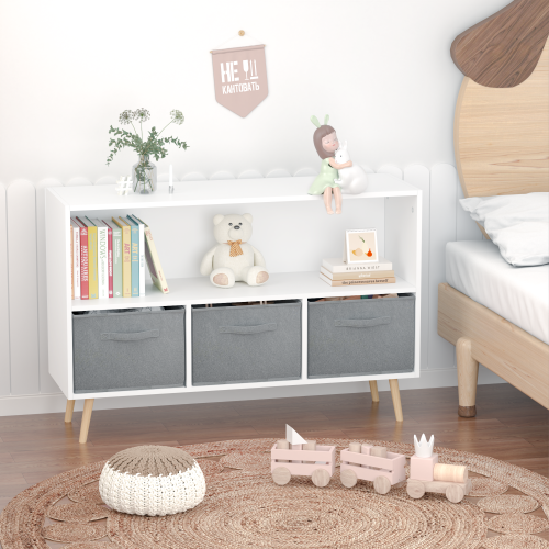 Kids bookcase with Collapsible Fabric Drawers, Children's Book Display, Toy Storage Cabinet Organizer, White/Gray、、casual
