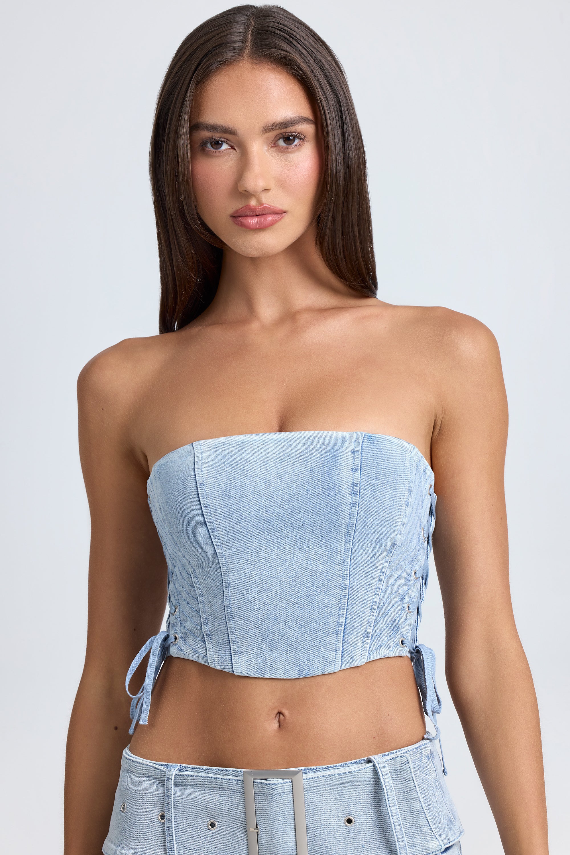 Bandeau Lace-Up Corset Crop Top in Light Blue Stonewash、mySite、solidvoid