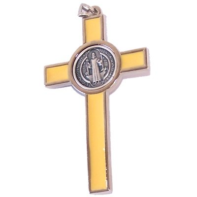  Rosary Supplies - Metal Crosses & Crucifixes St. Benedict Rosary crucifix with yellow enamel - Extra Large - Pewter tone g.、mySite、elrpsem3k