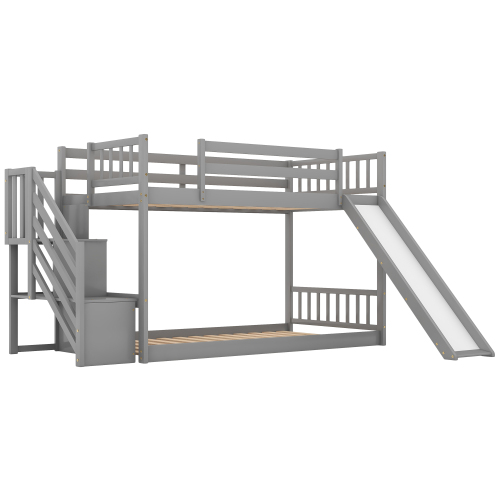 Twin over Twin Bunk Bed with Convertible Slide and Stairway, Gray、、casual