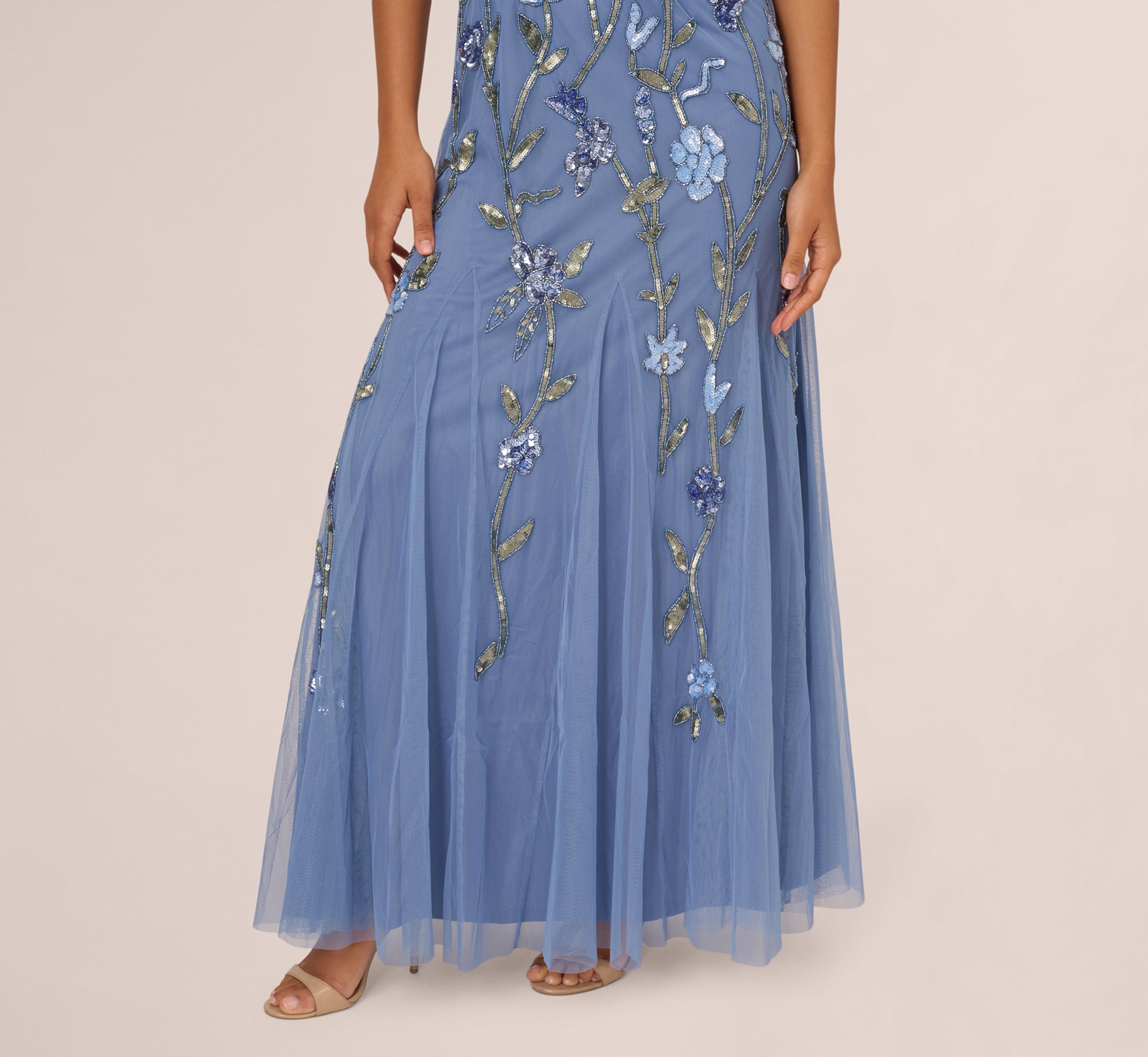 Square Neck Short Sleeve Beaded Godet Gown In French Blue、mySite、solidvoid