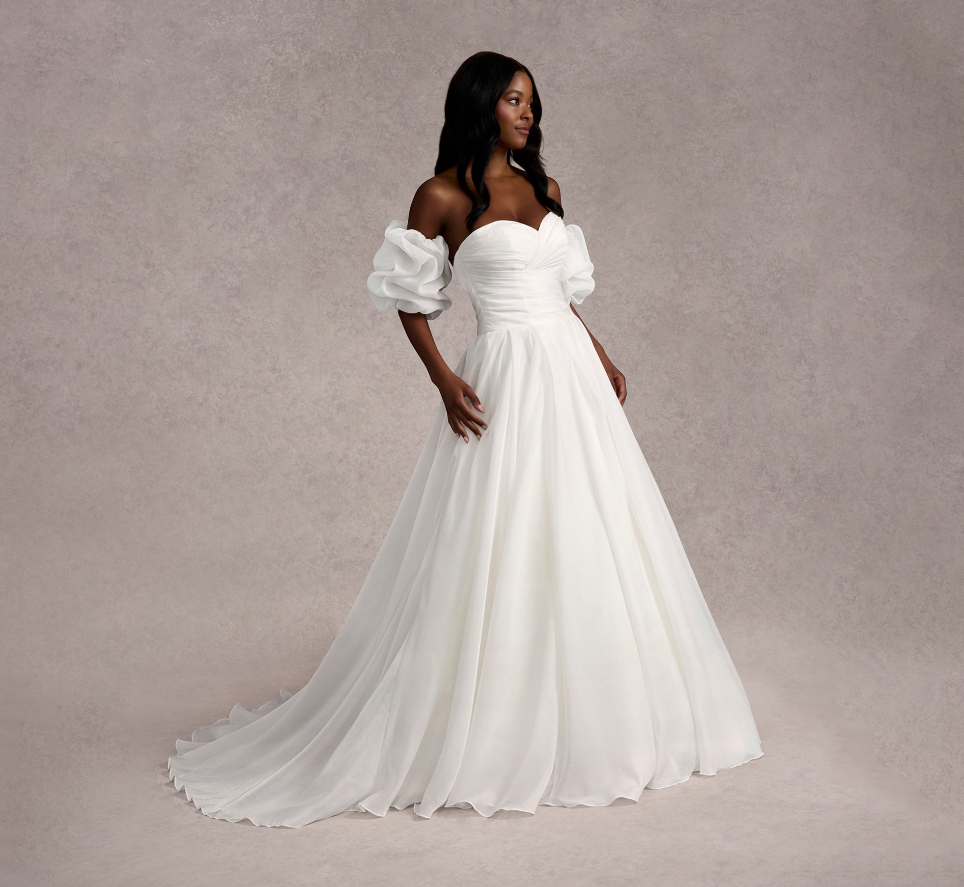 Strapless Organza Ball Gown With Removable Puff Sleeves In Ivory/Ivory In Ivory Ivory、mySite、solidvoid