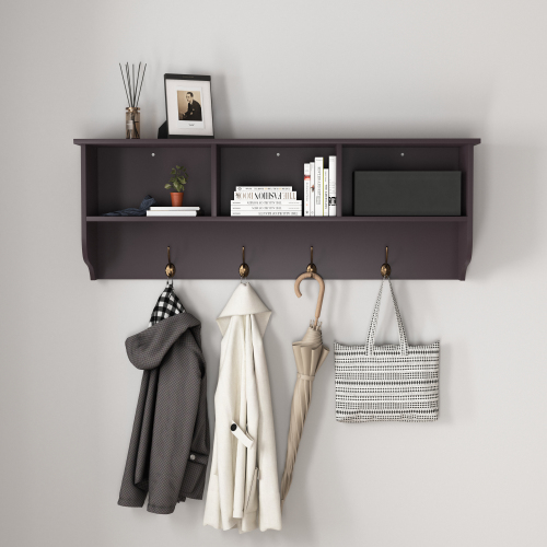 White Entryway Wall Mounted Coat Rack with 4 Dual Hooks Living Room Wooden Storage Shelf、、casual