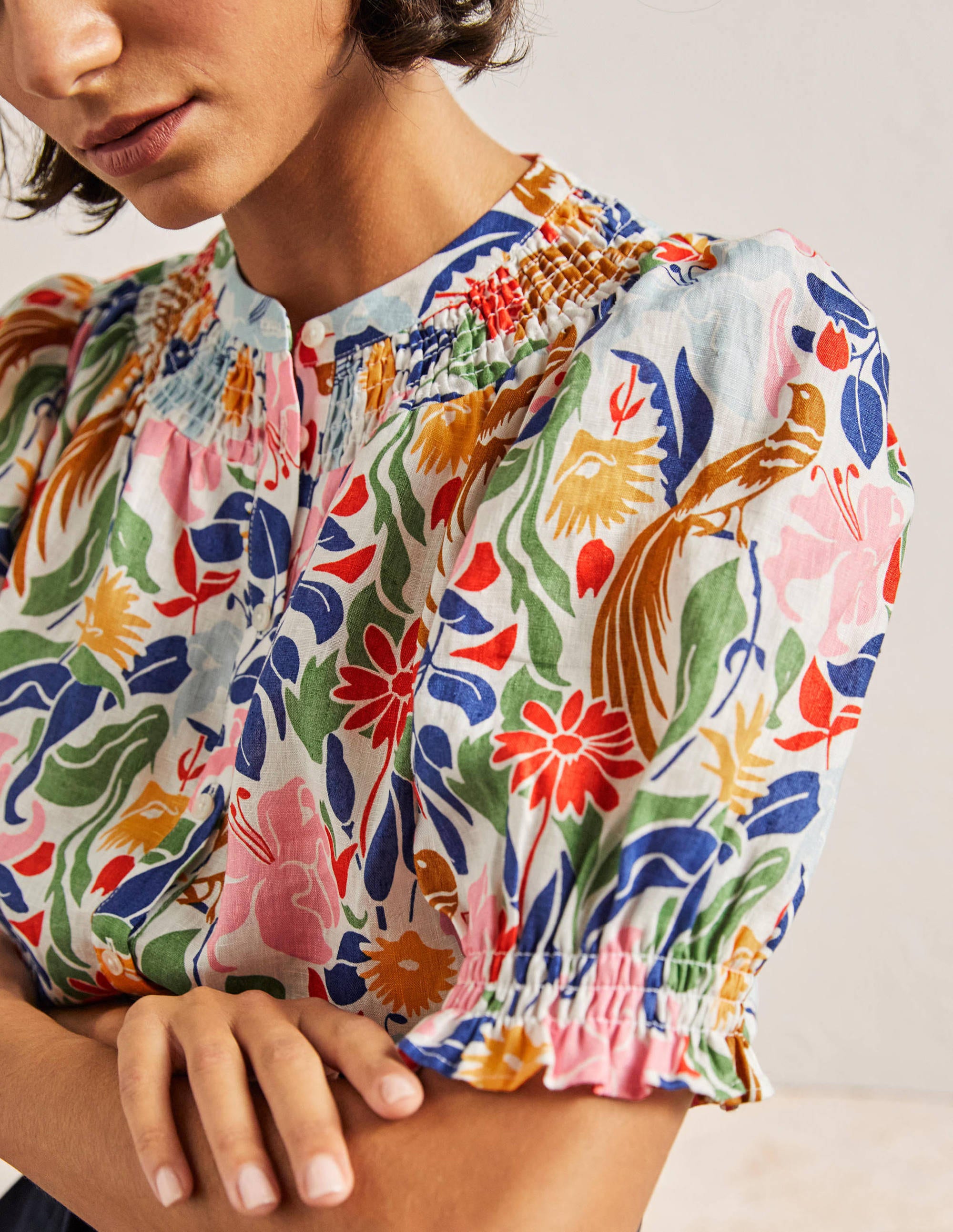  Smocked Short Sleeve Blouse-Ivory, Oriental Bird、mySite、ashleygrahame