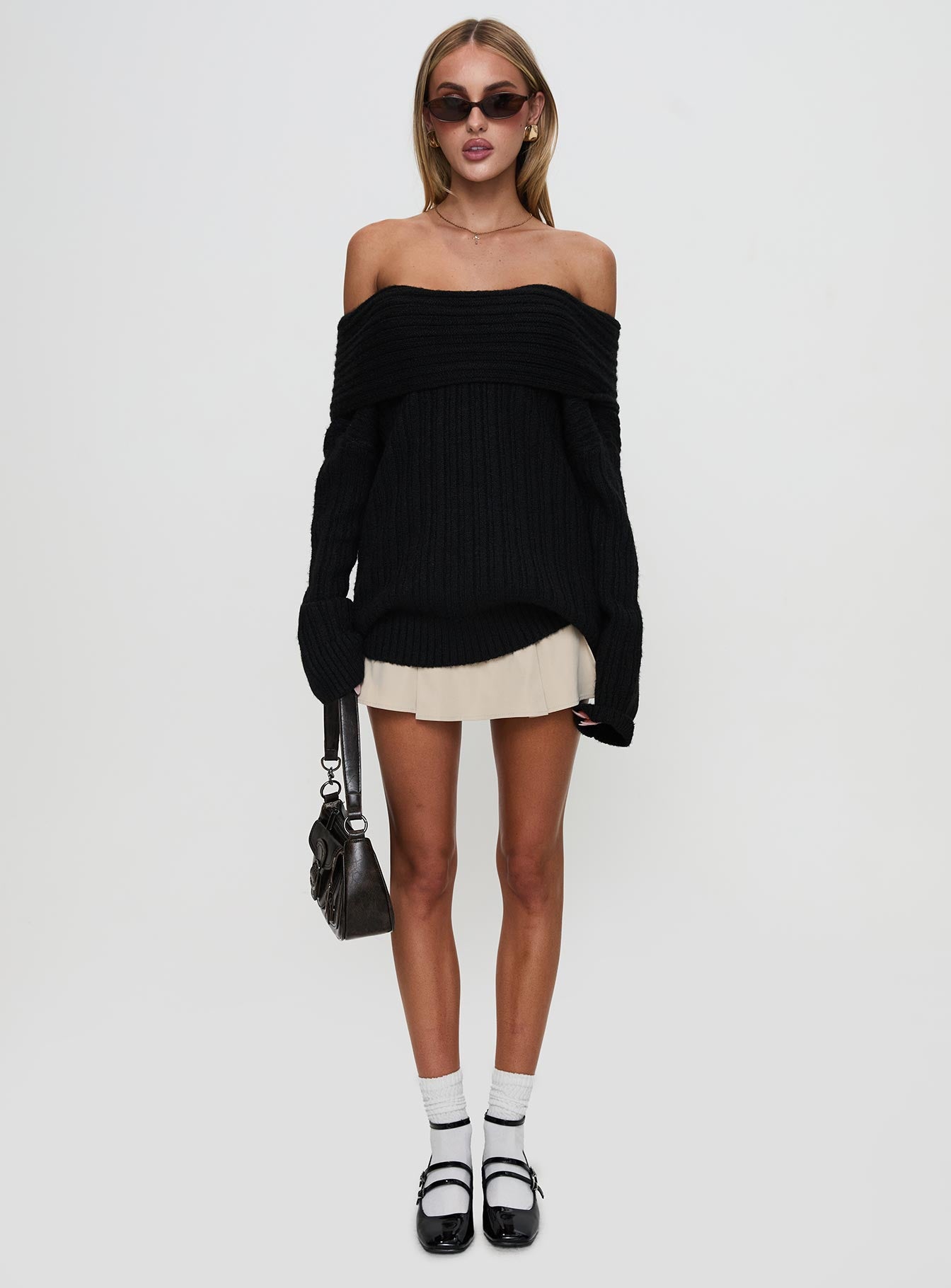 Snowie Off Shoulder Knit Sweater Black、mySite、solidvoid