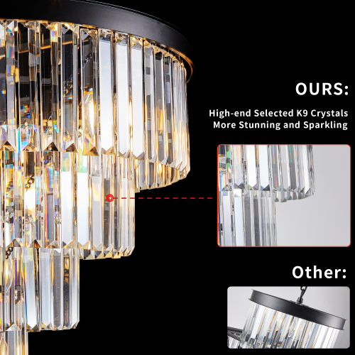(NEW SKU:W1340P189315) 20" Modern Crystal Chandelier with Black Finish – Elegant 7-Light Pendant Light with 3 Tier Crystal Strands for Dining Room, Living Room, or Bedroom (Bulb Not Included)、、eastwooduniform
