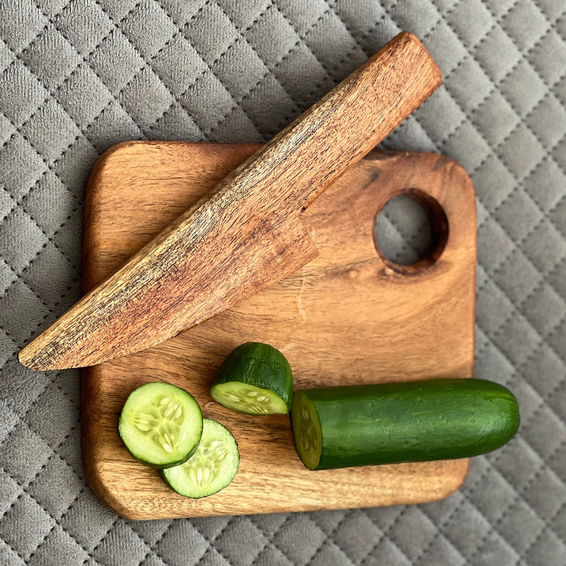 Kids Acacia Wood Cutting Board with Wooden Knife | Food Grade Finish | Brown、mySite、camillekostekn