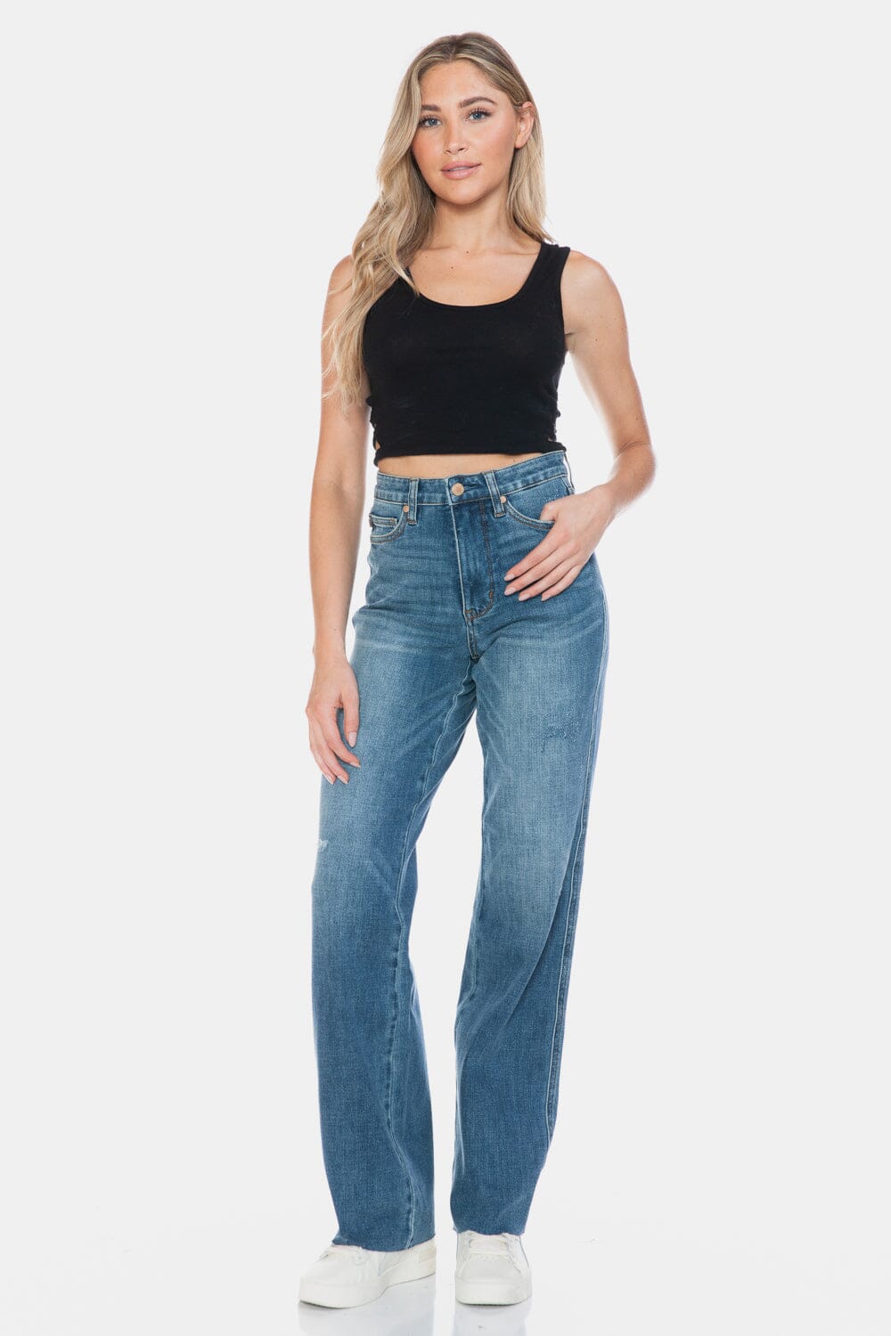 Judy Blue Full Size Tummy Control Cut Raw Hem Straight Jeans、mySite、camillekostekn
