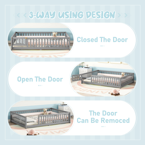 Twin Size Bed Floor Bed with Safety Guardrails and Door for Kids, Natural(Old SKU: W158090686)、、casual