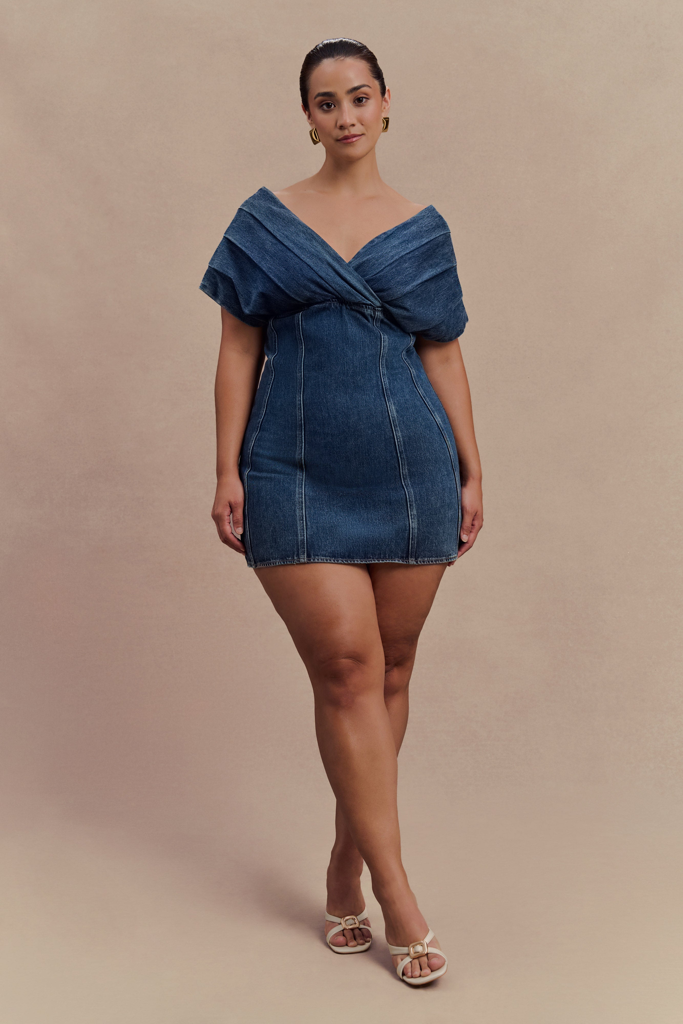 Pascale Off Shoulder Denim Mini Dress - Washed Dark Blue、mySite、solidvoid