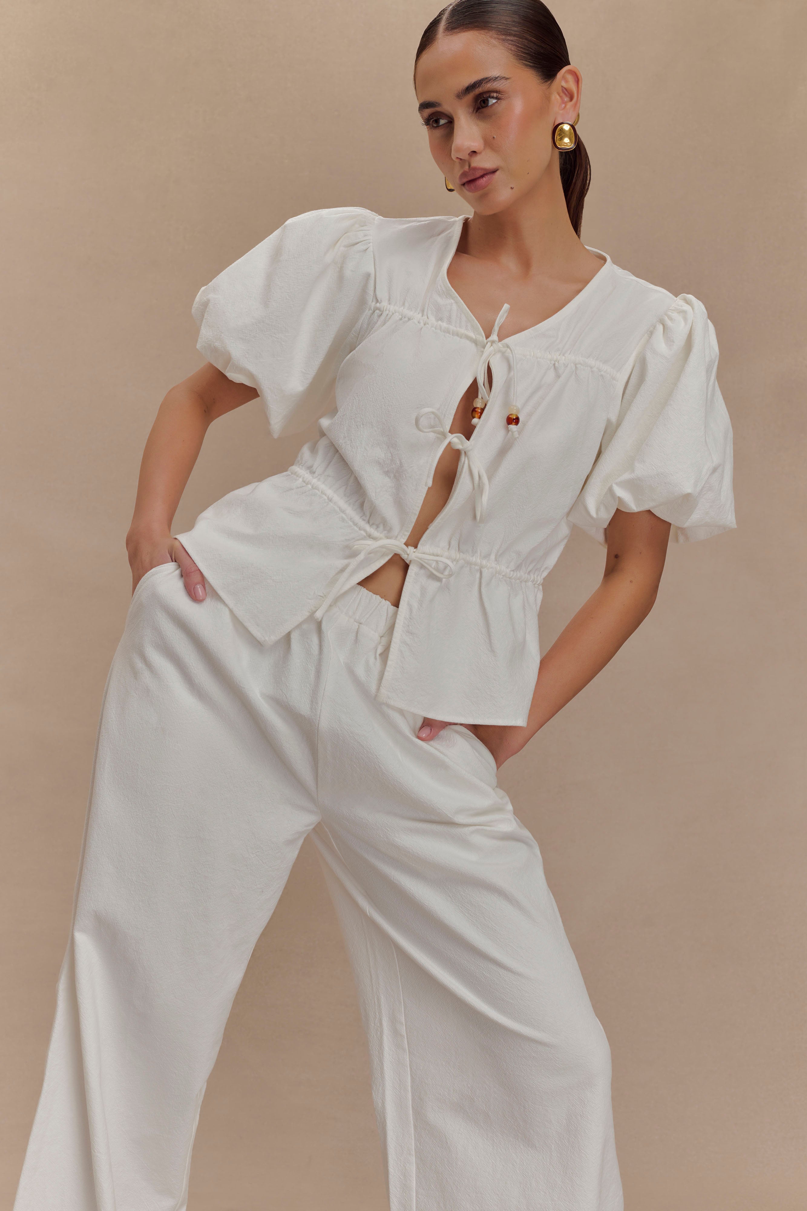 Emilie Puff Sleeve Cotton Top - White、mySite、solidvoid