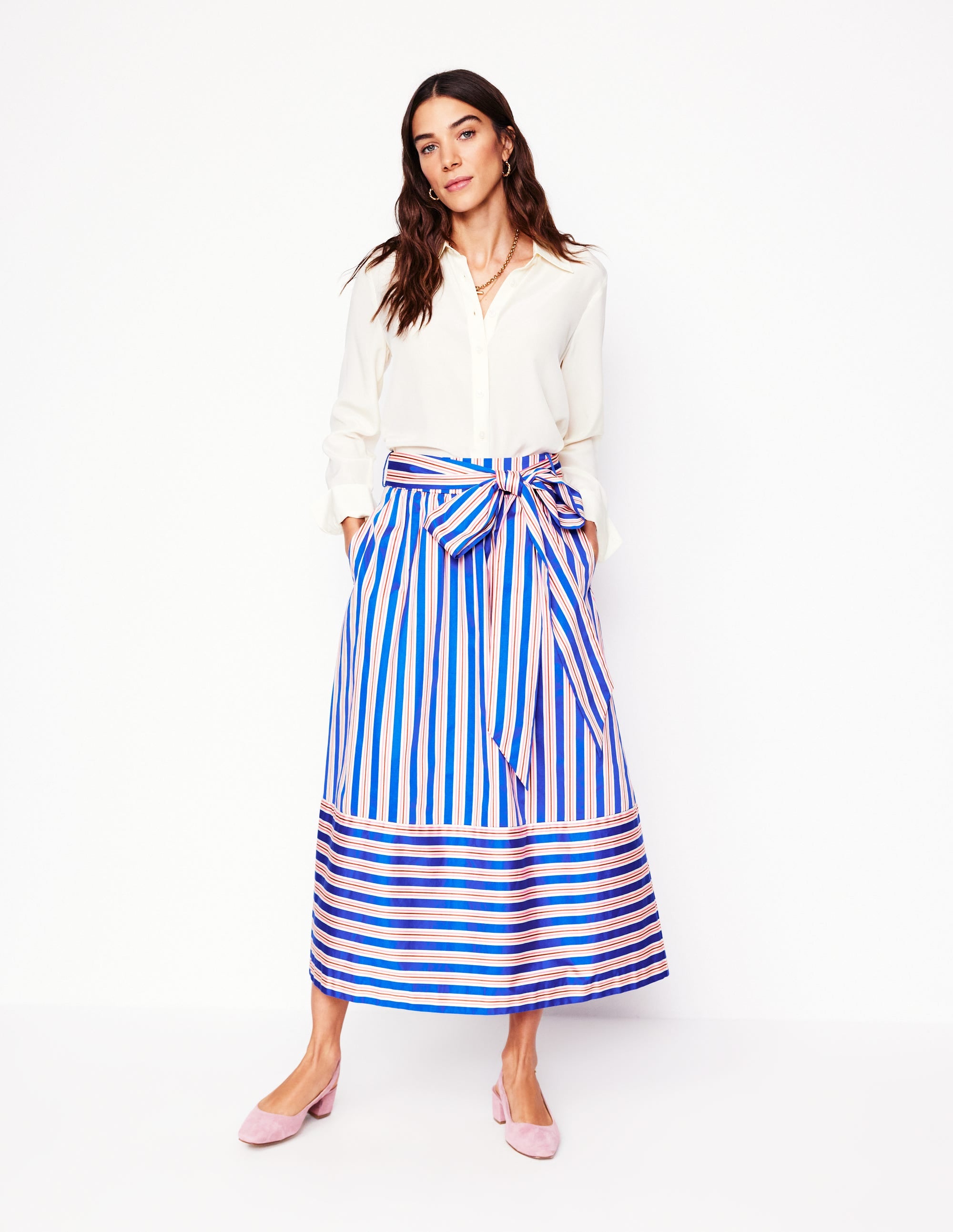  Tie Belt Sateen Midi Skirt-Blue and Terracotta Stripe、mySite、ashleygrahame