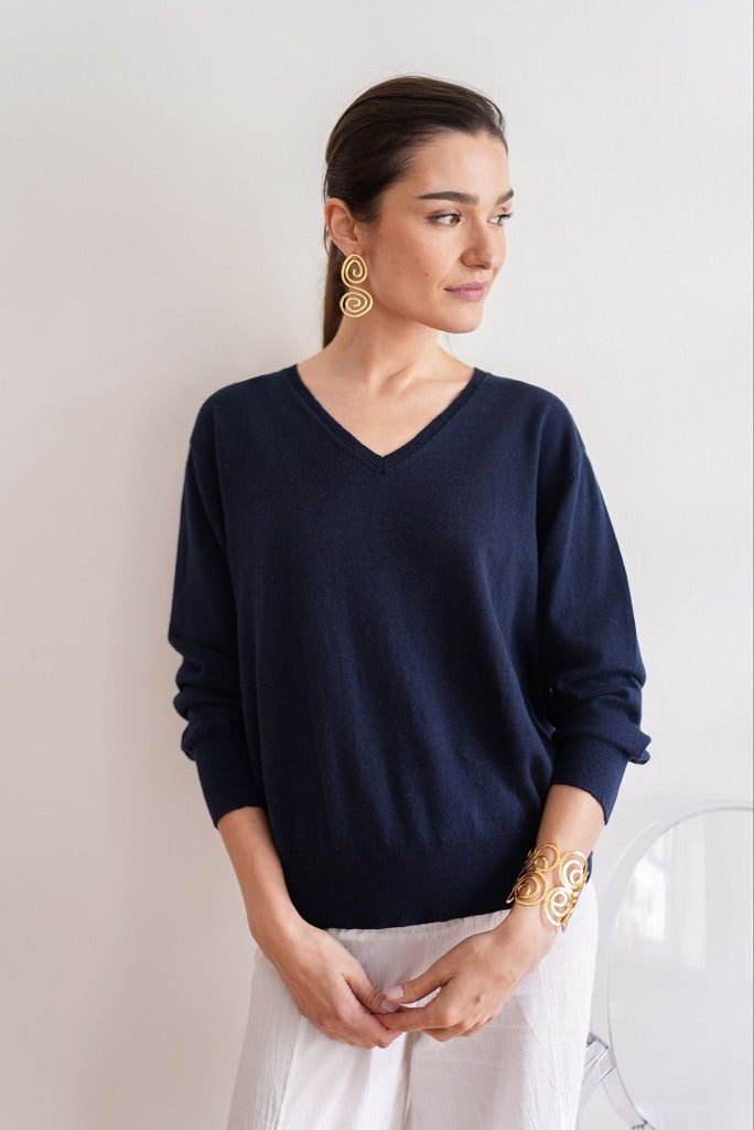 Debbie Katz Wander Cotton/Cashmere V-Neck Sweater, Navy、mySite、noshort