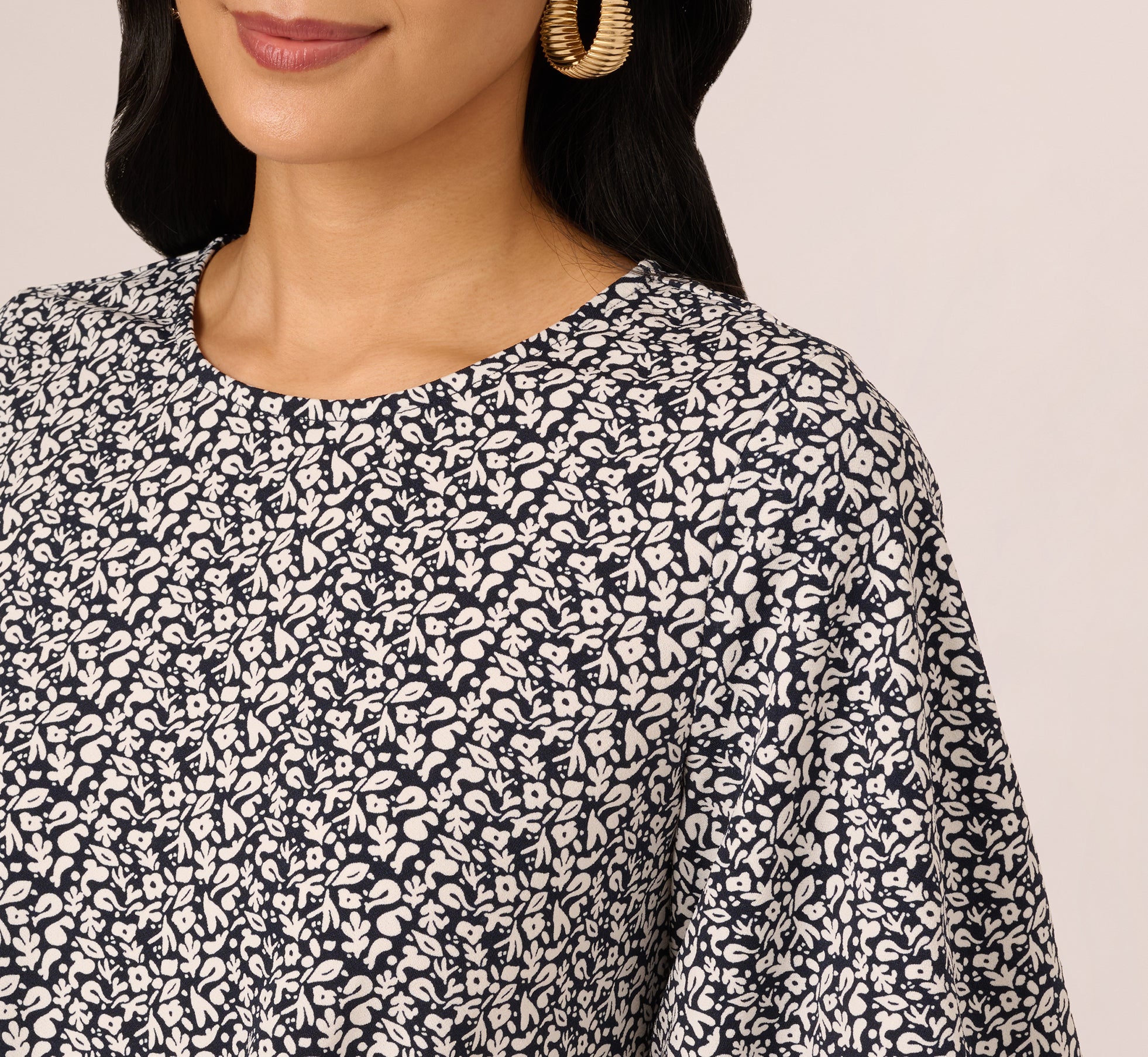 Bubble Sleeve Printed Tie Waist Top In Navy Stencil、mySite、solidvoid