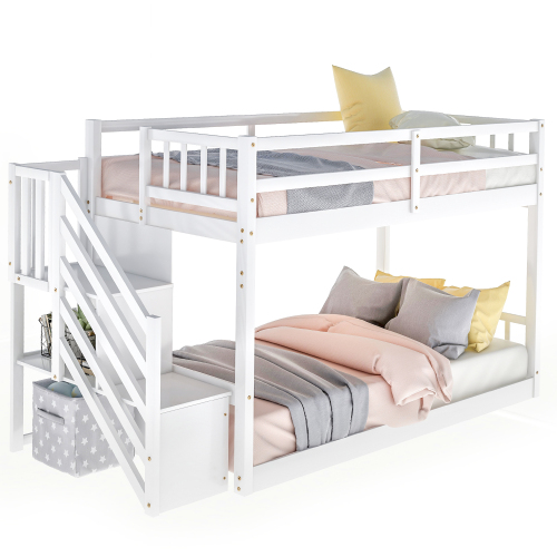 Twin over Twin Floor Bunk Bed, Ladder with Storage, Gray、、casual