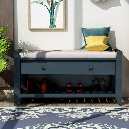 TREXM Shoe Rack with Cushioned Seat and Drawers, Multipurpose Entryway Storage Bench (Antique Navy)、、casual