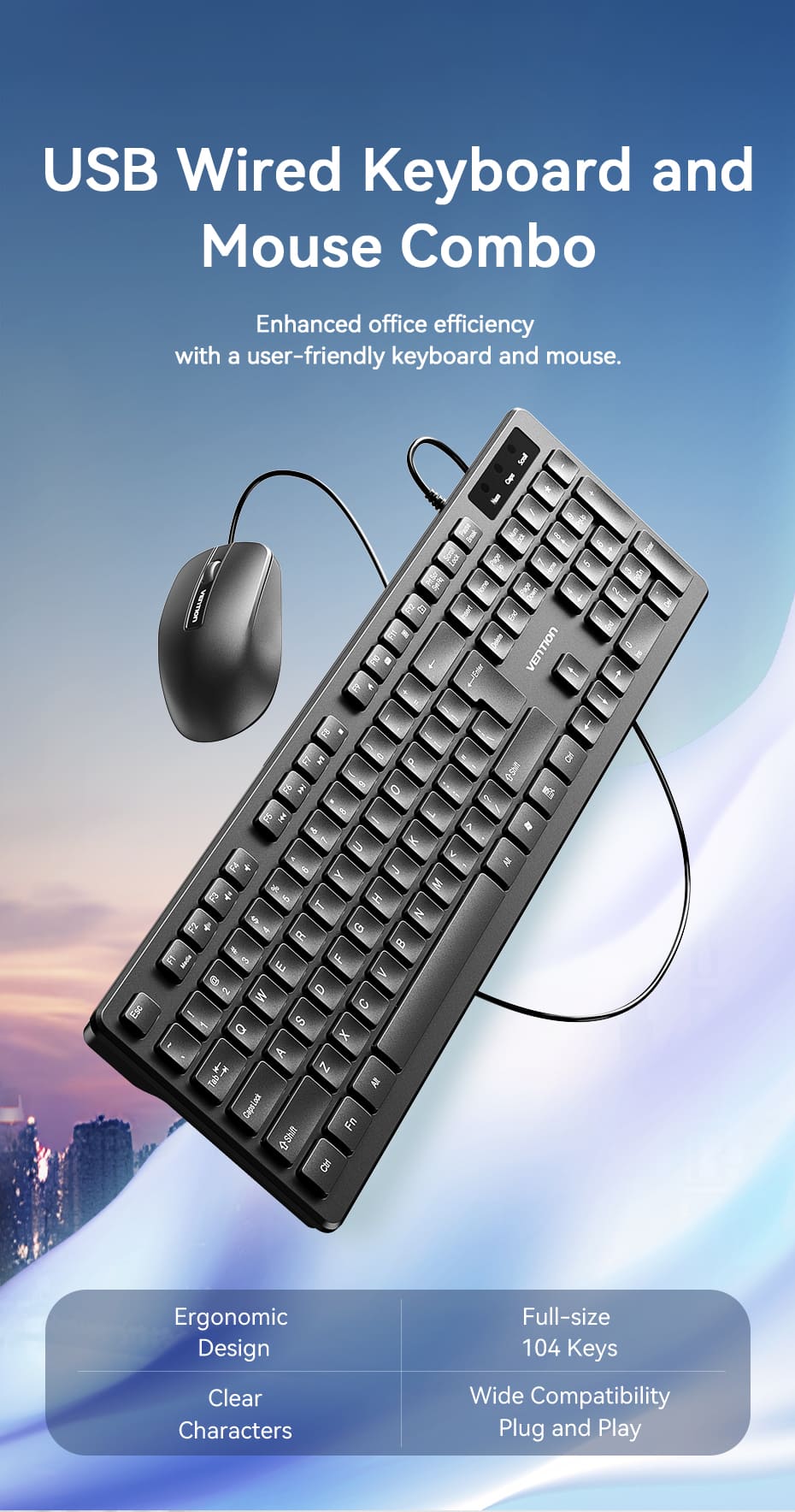 USB Wired Full-Sized Keyboard and Mouse Combo Black Slim Type