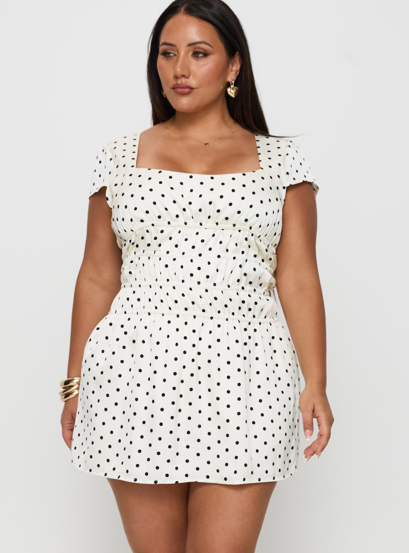 Evangelie Ruched Mini Dress White Polka Curve、mySite、solidvoid