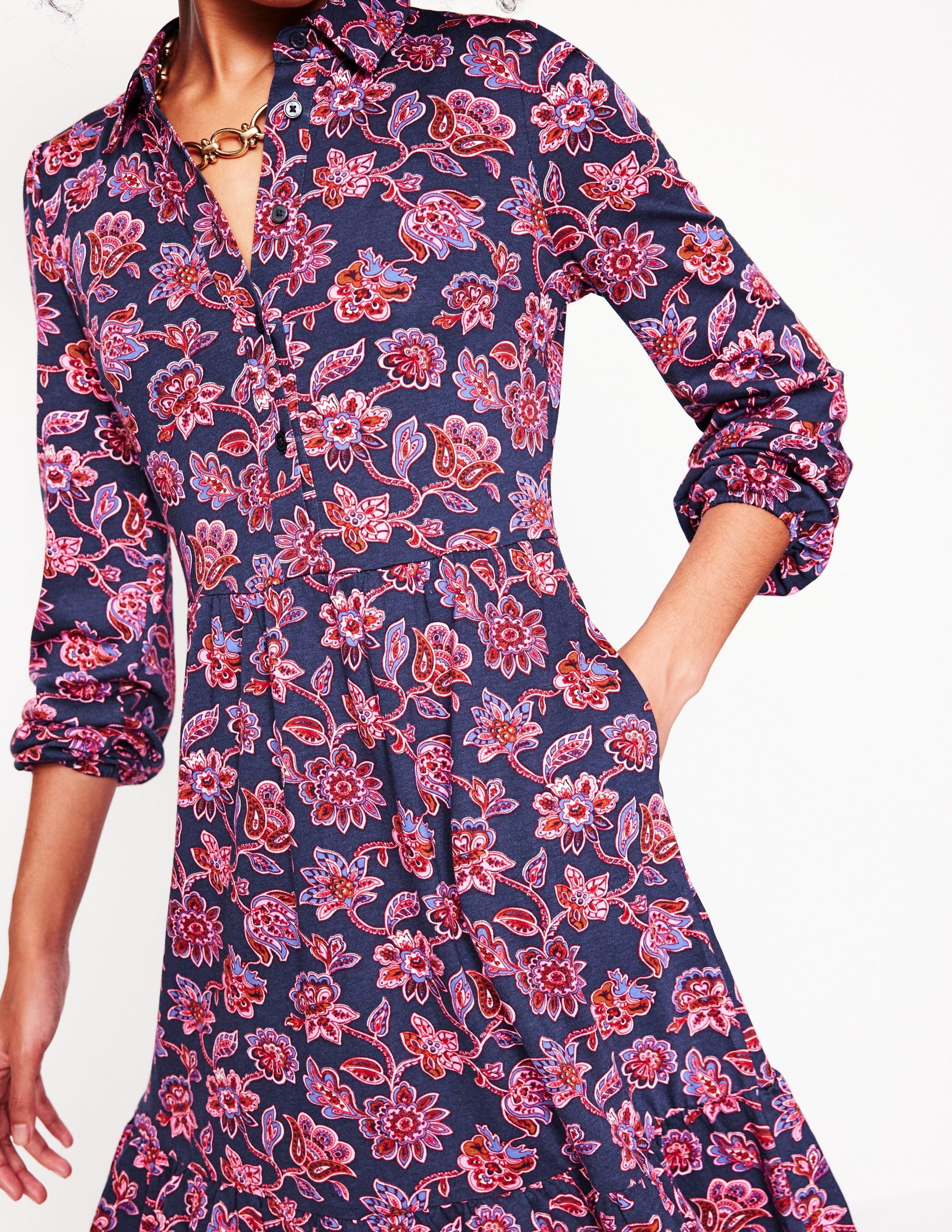  Jemima Tiered Jersey Dress-Navy, Floret Cascade、mySite、ashleygrahame