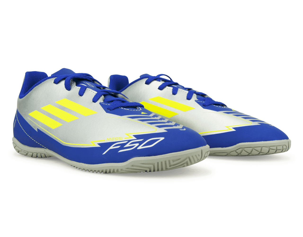 adidas Kids F50 Club Messi IN Silver/Volt/Blue、mySite、noshort