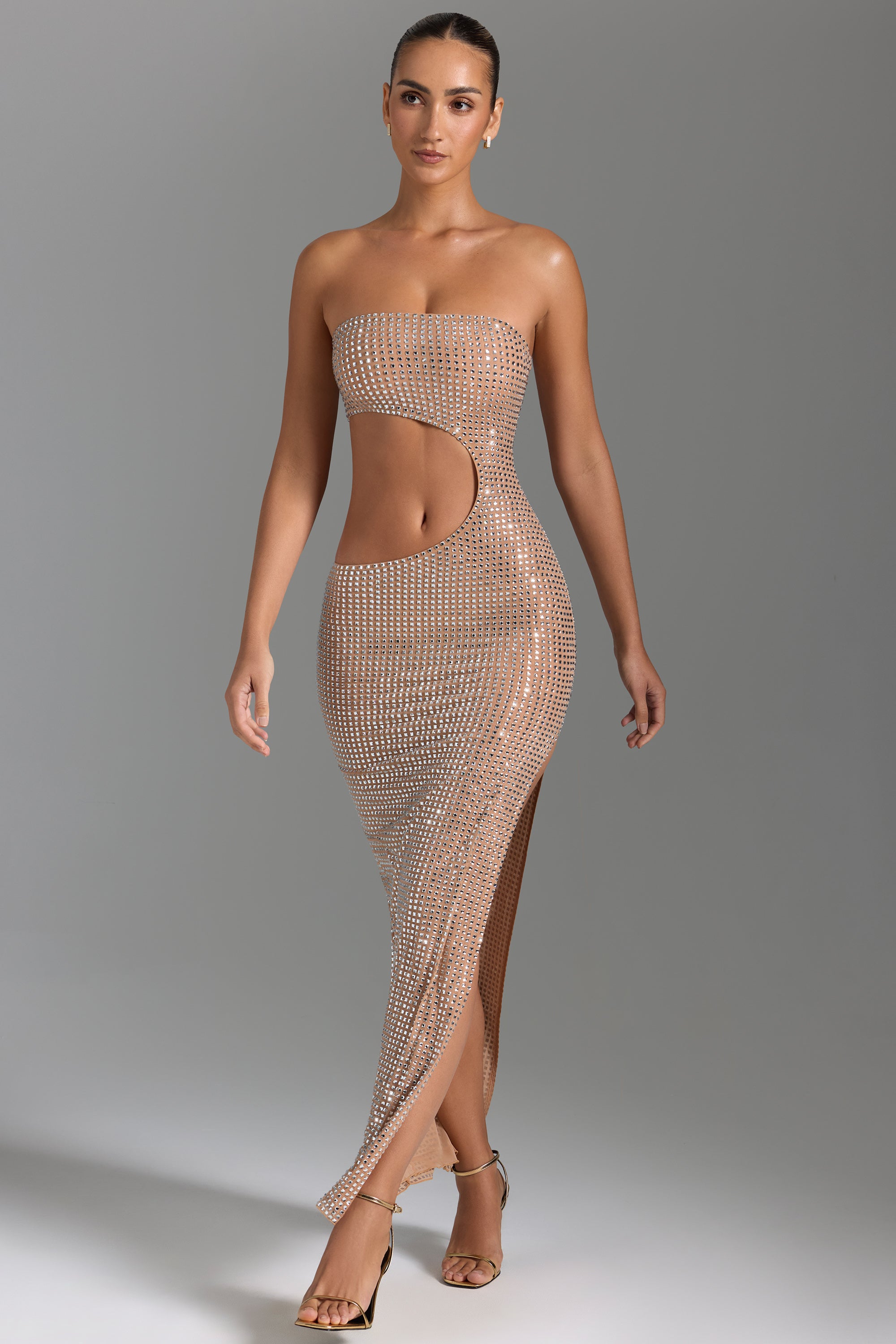 Embellished Cut-Out Bandeau Maxi Dress in Honey、mySite、solidvoid