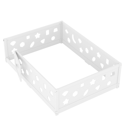 Twin Size Floor Bed with Heightened Safety Guardrails and Door, Solid Wood Bedframe with Rails for Girls, Boys, Teens, Child Bedroom, Kids Playroom, No Slats Included, White、、casual