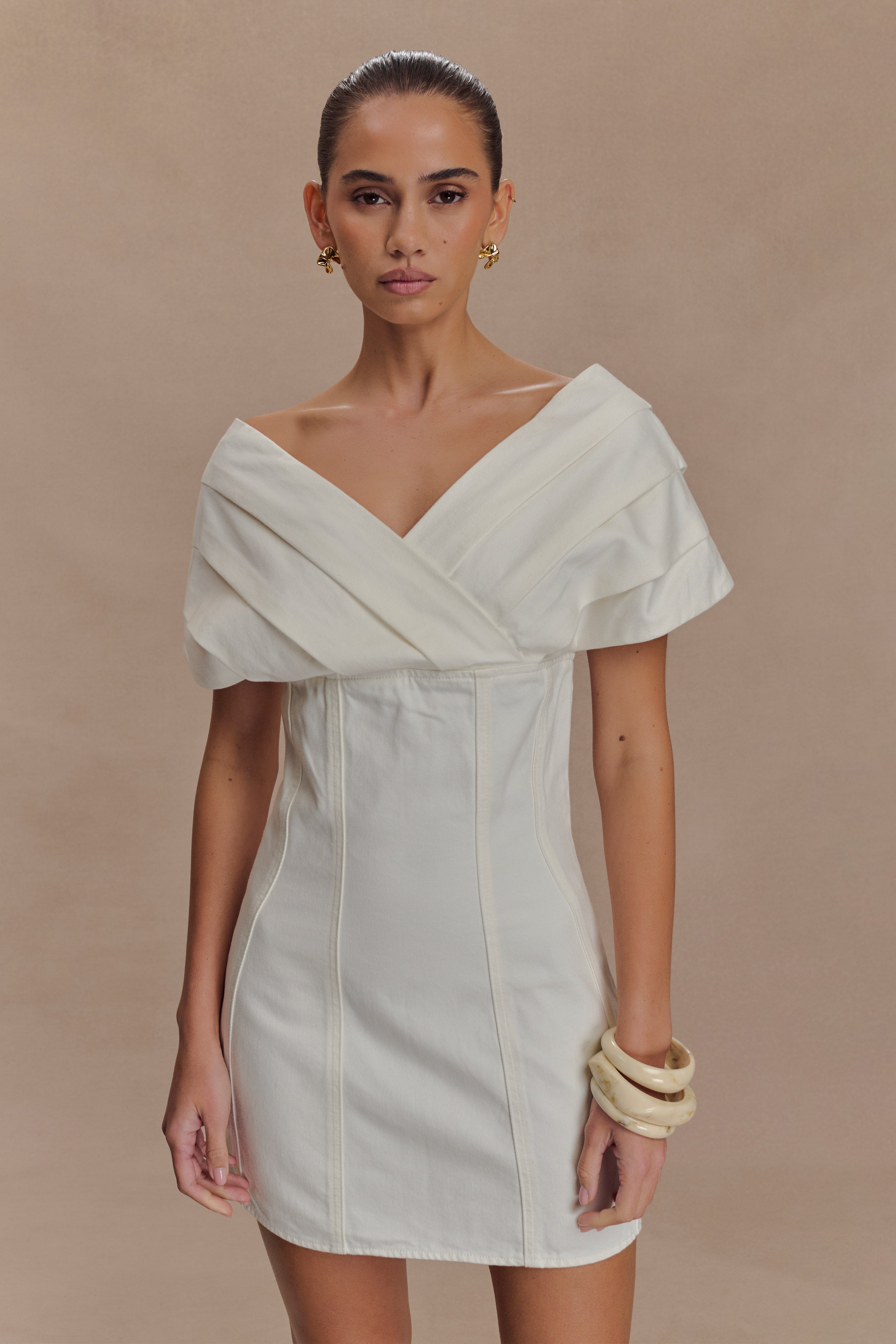 Pascale Off Shoulder Denim Mini Dress - White、mySite、solidvoid