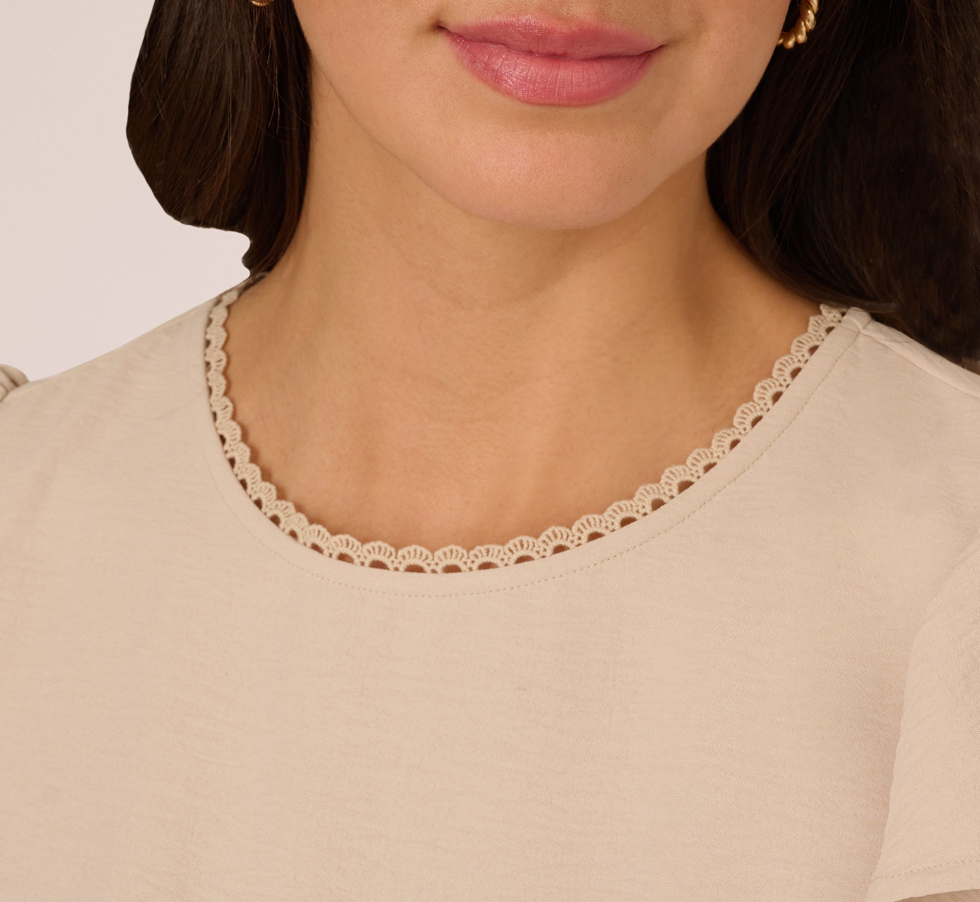 Flutter Sleeve Embroidery Scalloped Hem Top In Bamboo Wood、mySite、solidvoid