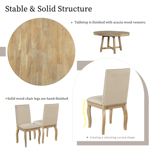 TREXM 5-Piece Farmhouse Dining Table Set Wood Round Extendable Dining Table and 4 Upholstered Dining Chairs (Natural Wood Wash)、、casual