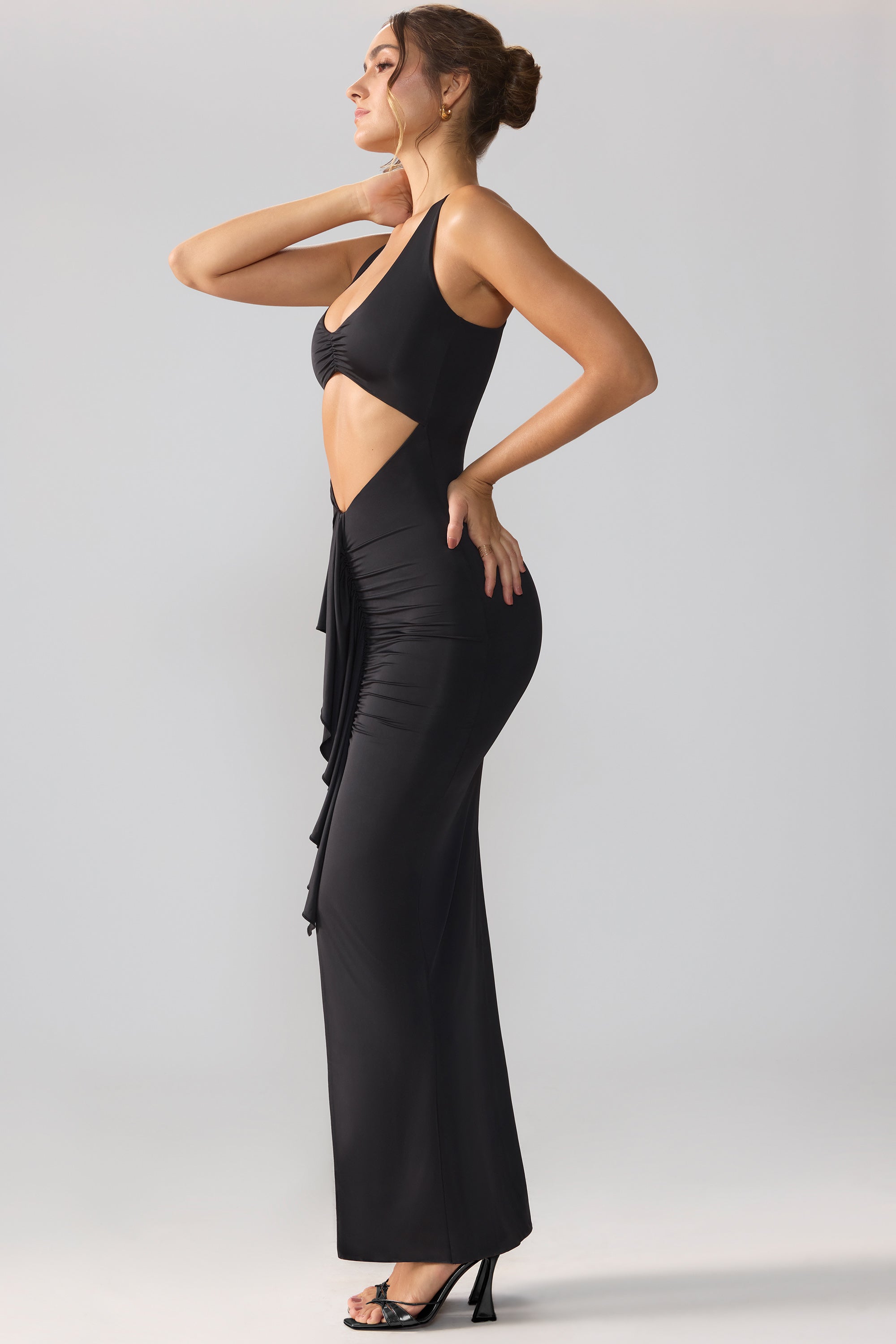 Slinky Jersey Cut Out Ruffle Racerback Maxi Dress in Black、mySite、solidvoid