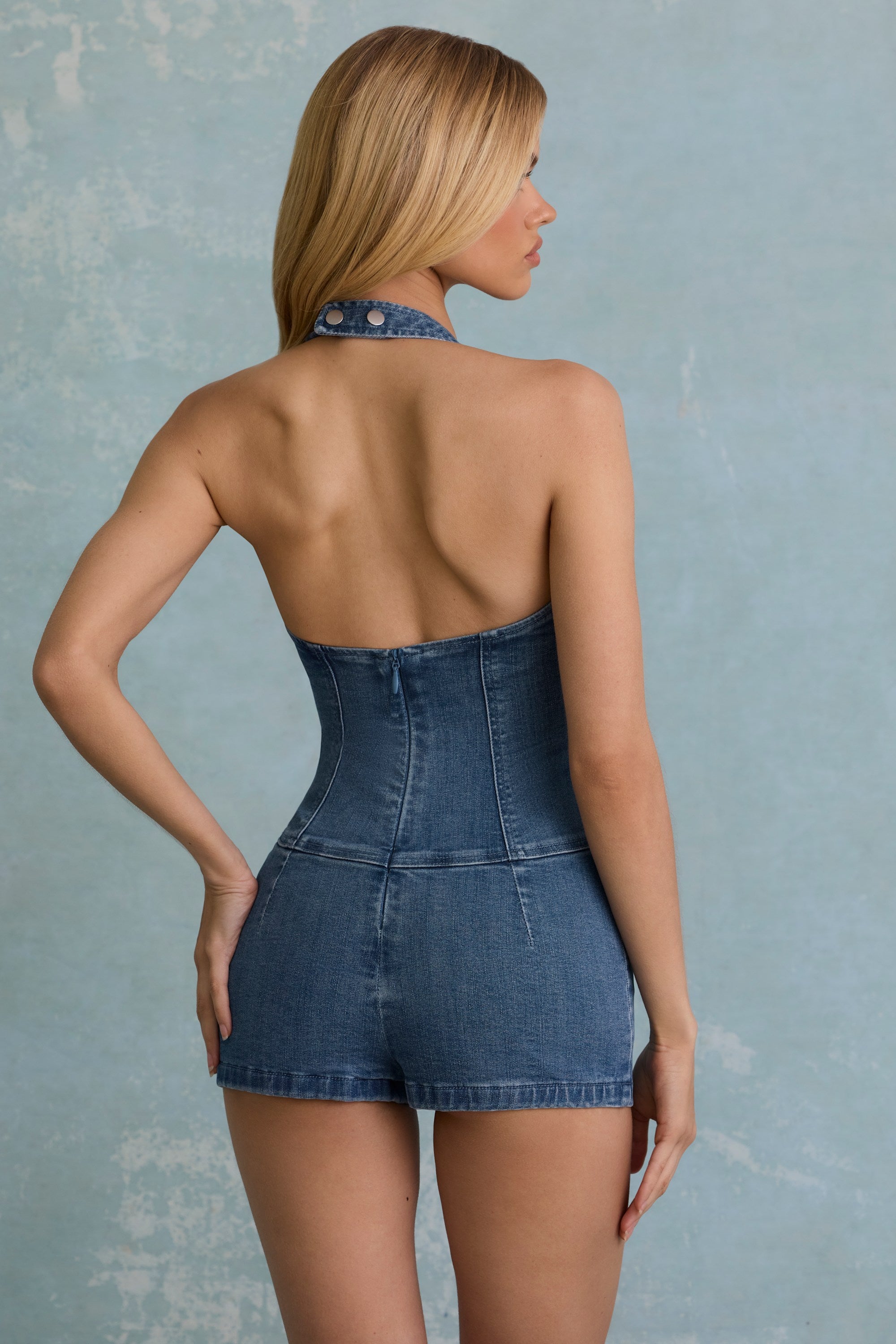  Button-Down Halterneck Playsuit in Mid-Blue、mySite、sugarbowlscore