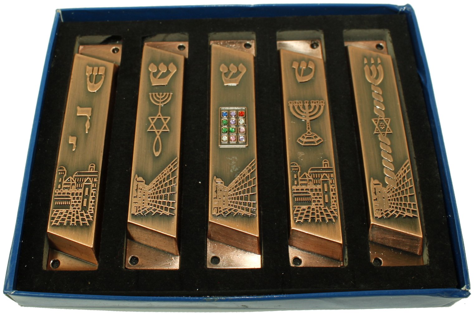  Large Set of 5 Copper Tone with Clean and Smooth Cut and Gold Plated Mezuzahs Symbols with Different enameled Themes. Each is About 4 Inches and Comes with Scrolls and Screws for Hanging、mySite、elrpsem3k