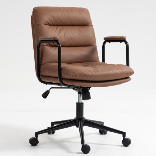 Office Chair,Mid Back Home Office Desk Task Chair with Wheels and Arms Ergonomic PU Leather Computer Rolling Swivel Chair with Padded Armrest,The back of the chair can recline 40° (Brown)、、casual