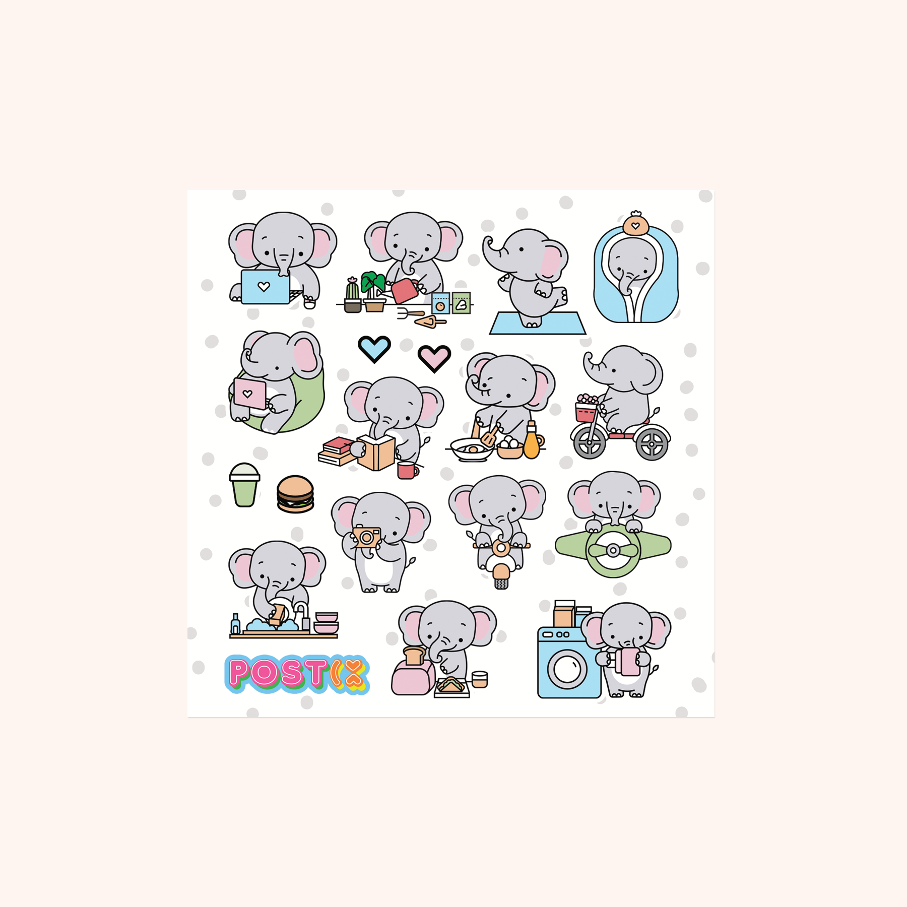  Elephants Busy Day Square Glossy Sticker Sheet、mySite、ghnorth