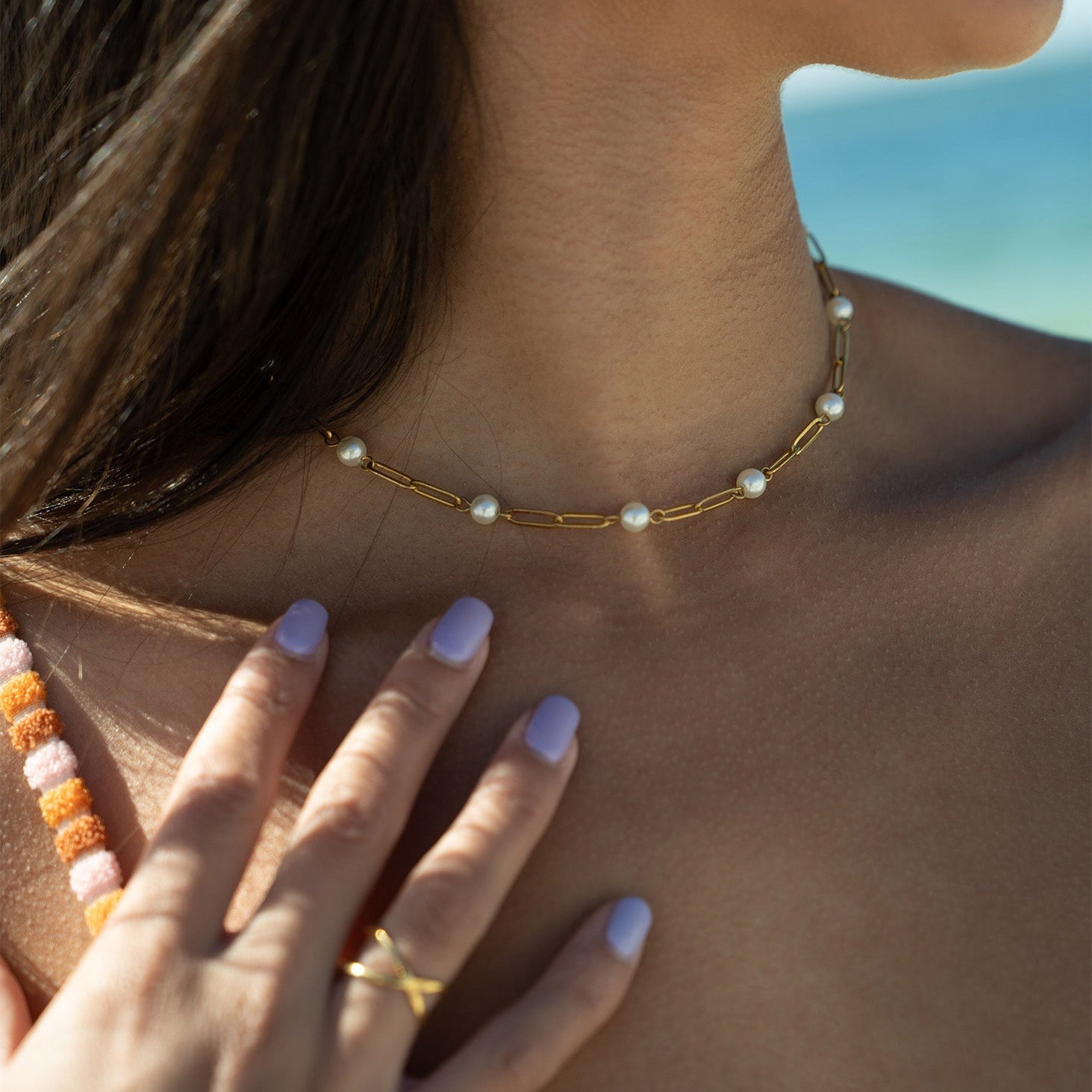 18K Gold PVD Stainless Steel Pearl Station Paperclip Chain Necklace / CHN0082、mySite、dreamappss