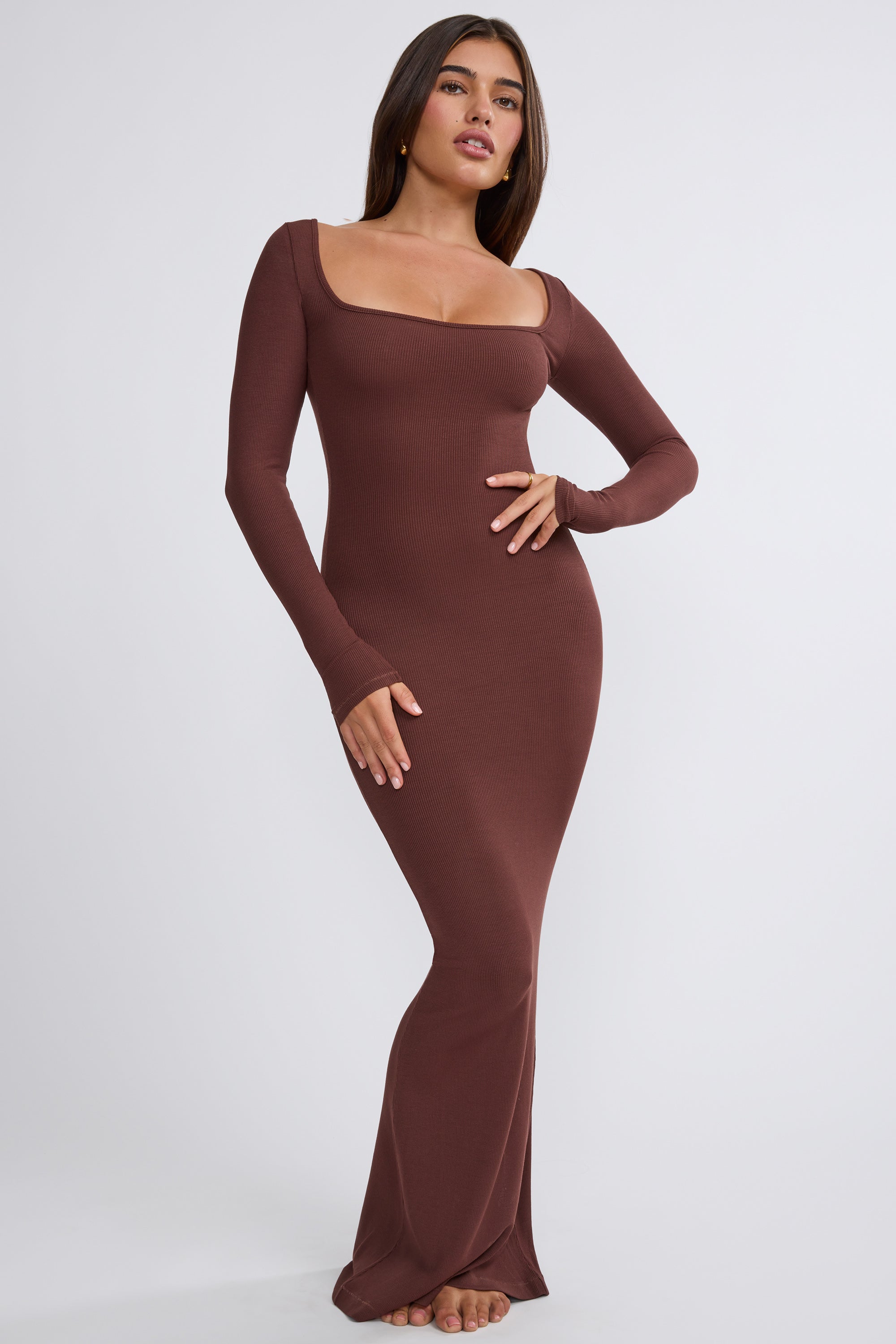 Ribbed Modal Long Sleeve Maxi Dress in Chocolate、mySite、solidvoid