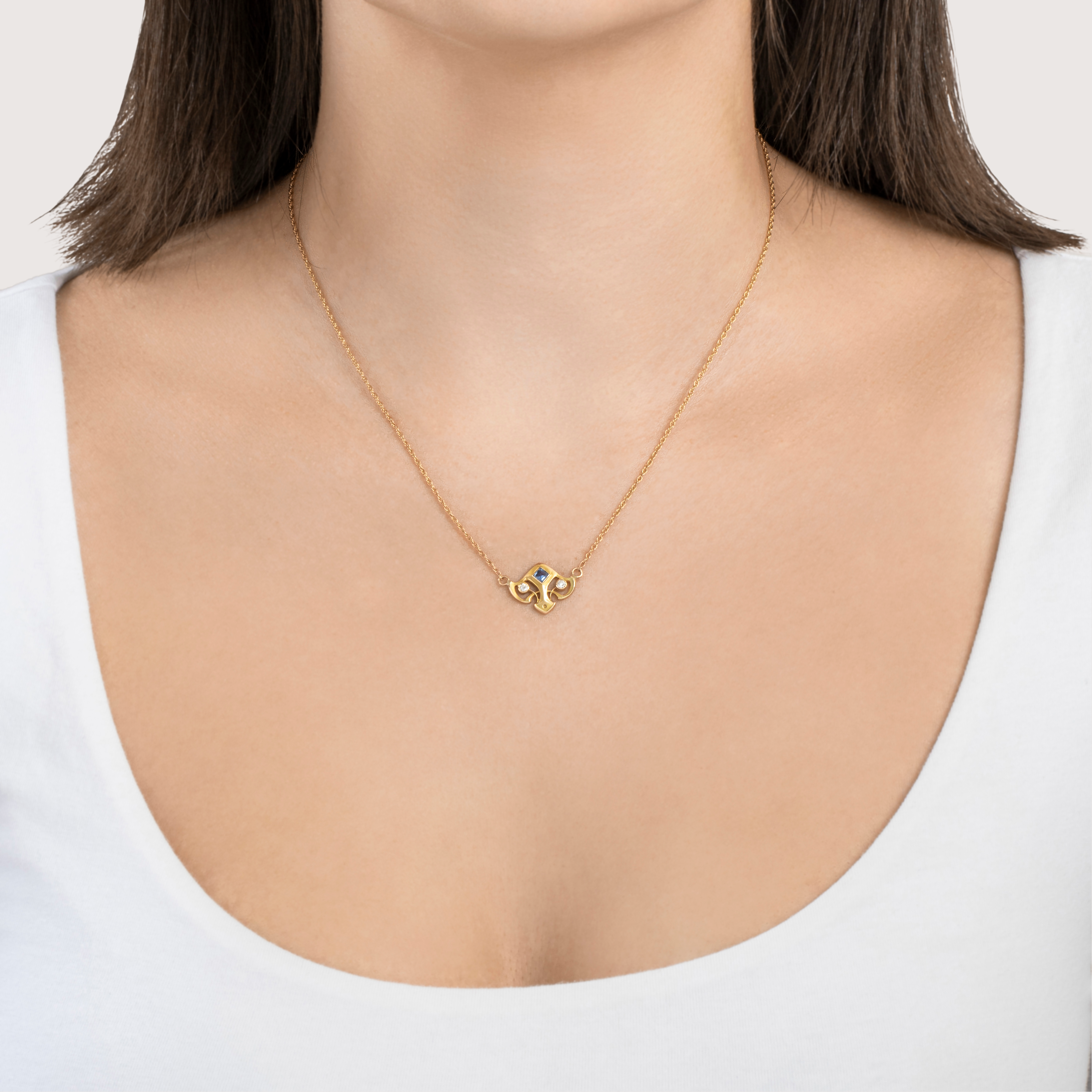 Antique 14k Yellow Gold Synthetic Sapphire Natural Diamond Necklace 17、mySite、hinf8tx79