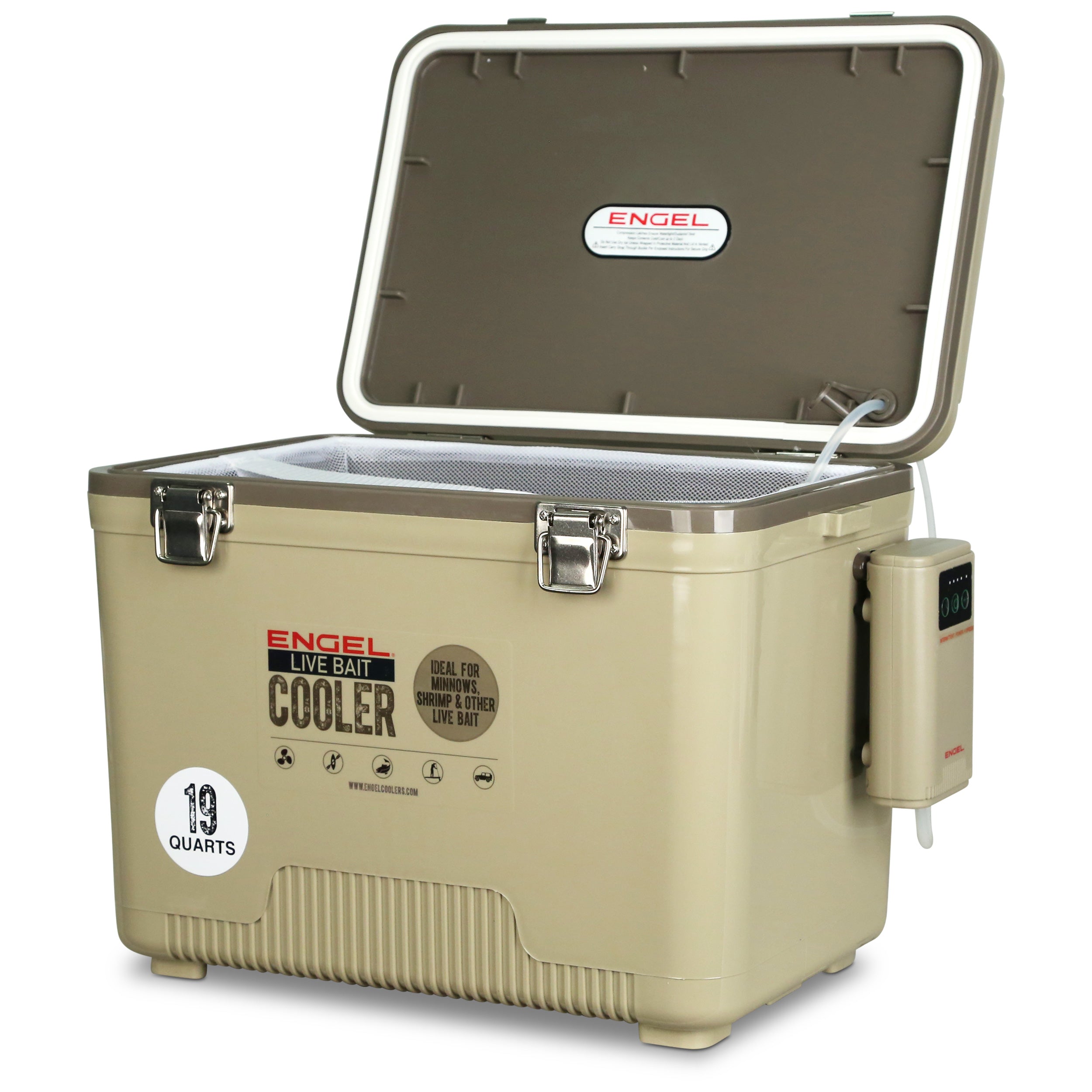 Engel 19Qt Live bait Pro Cooler with AP3 Rechargeable Aerator & Stainless Hardware、mySite、noshort