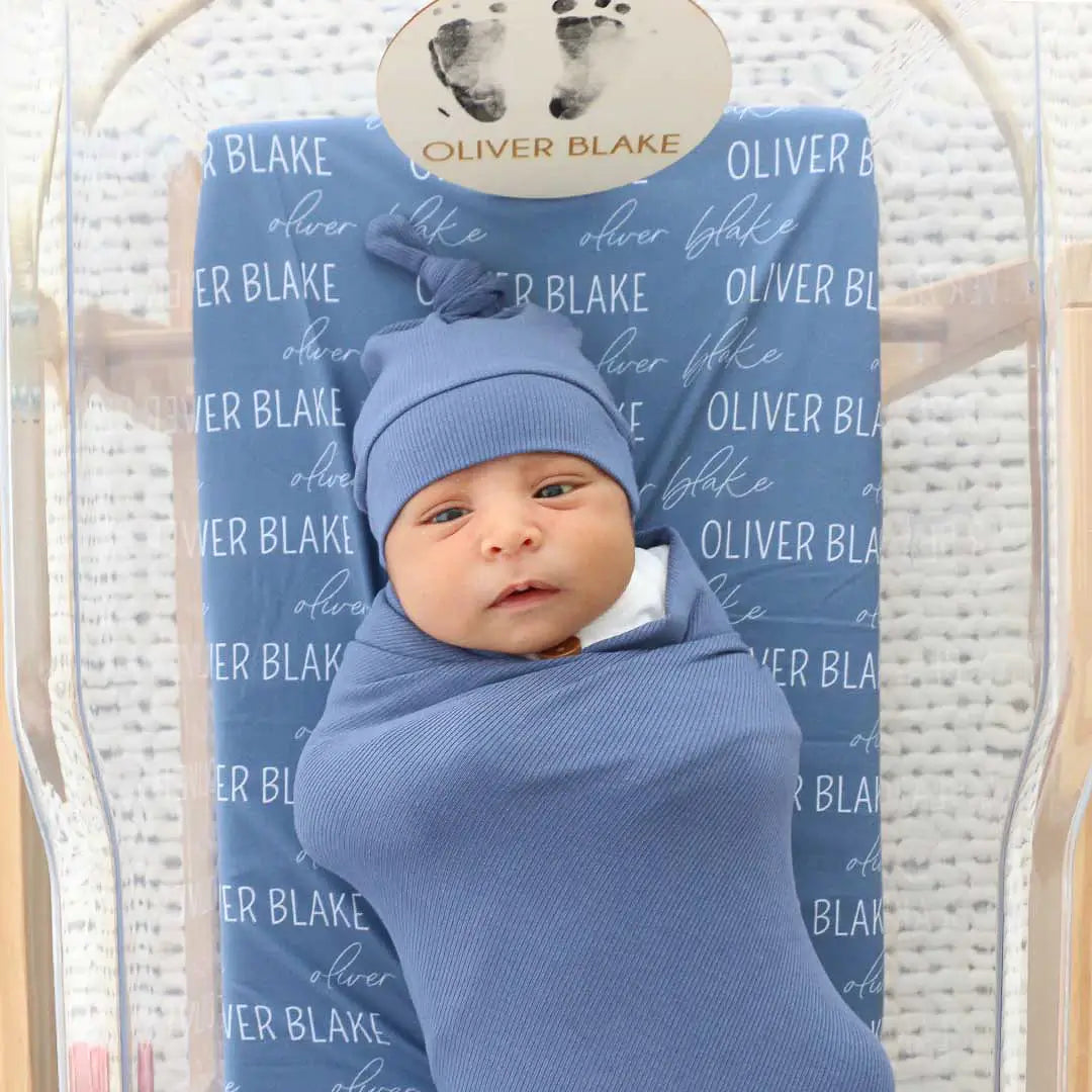  Personalized Steel Blue Baby Name Swaddle Blanket | Block Script、mySite、layawaytickets