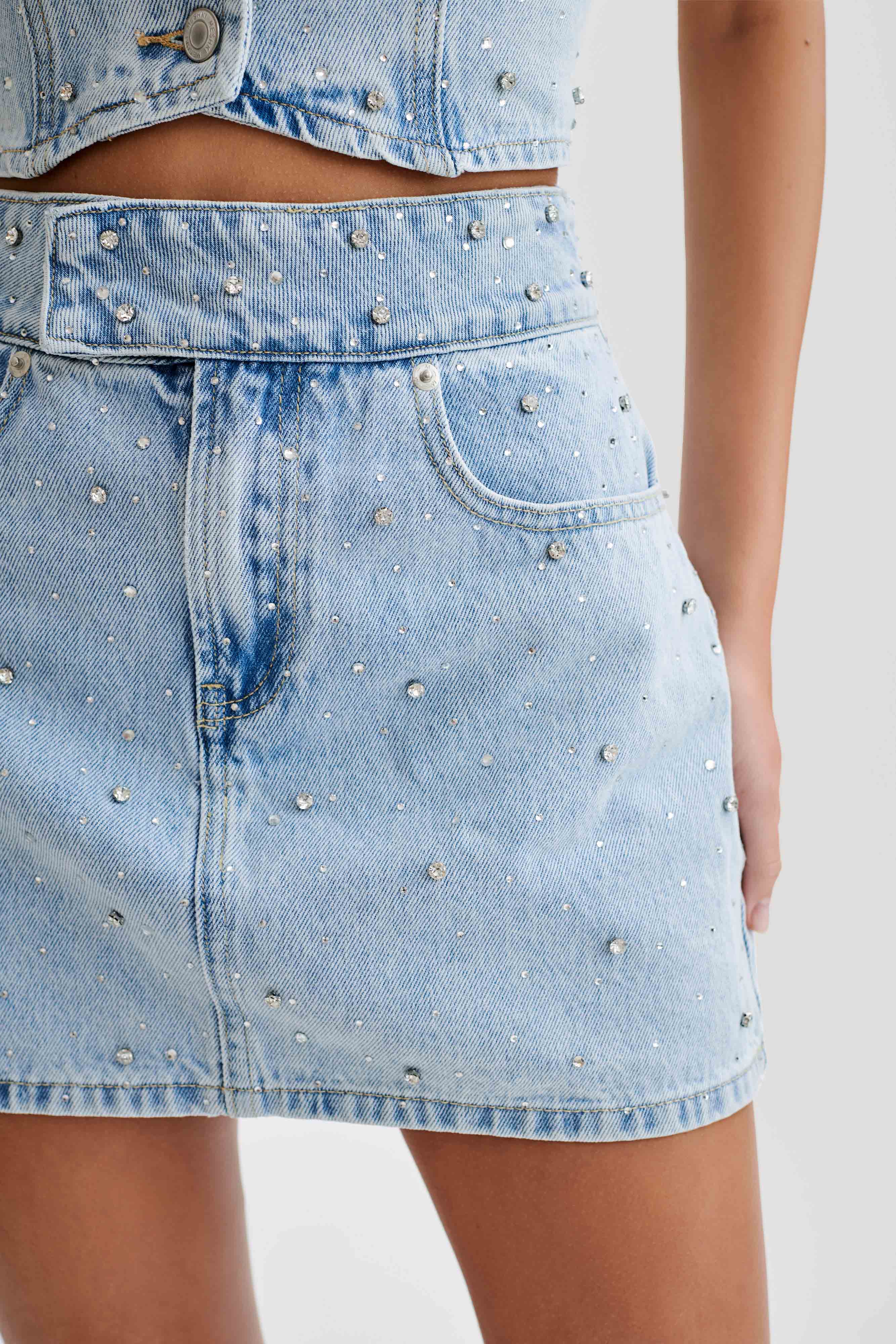 Kieryn Embellished Denim Mini Skirt - Light Blue、mySite、solidvoid