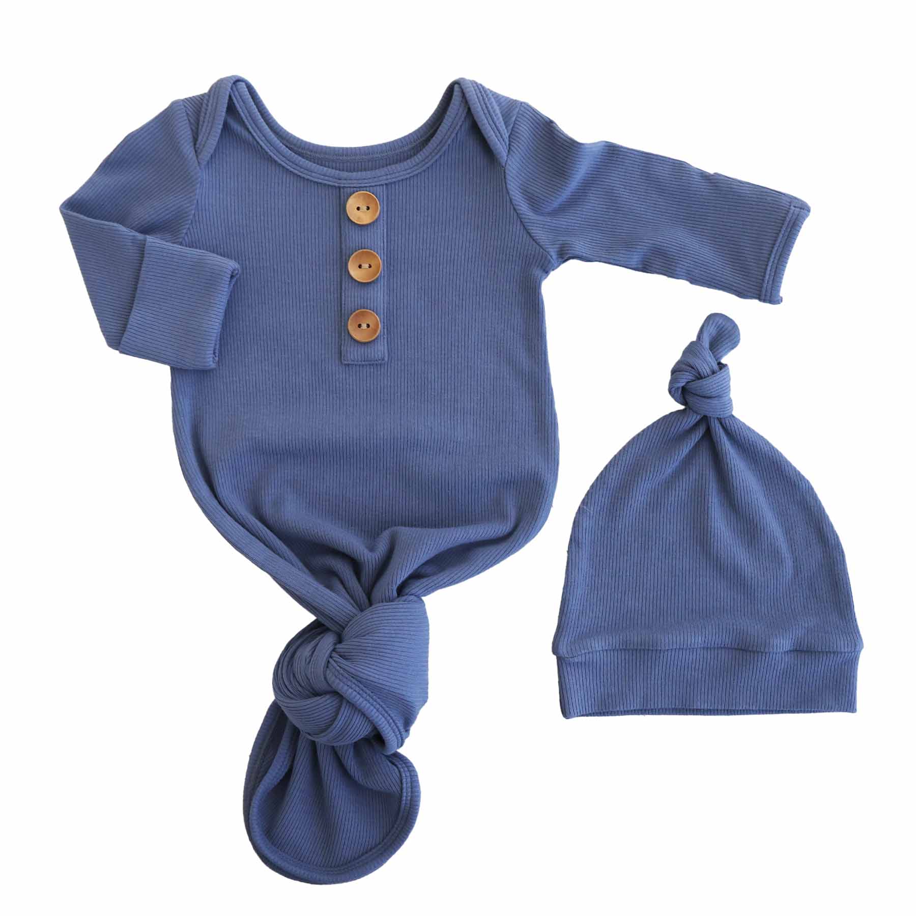  Steel Blue Ribbed Bamboo Baby Knot Gown & Hat、mySite、layawaytickets
