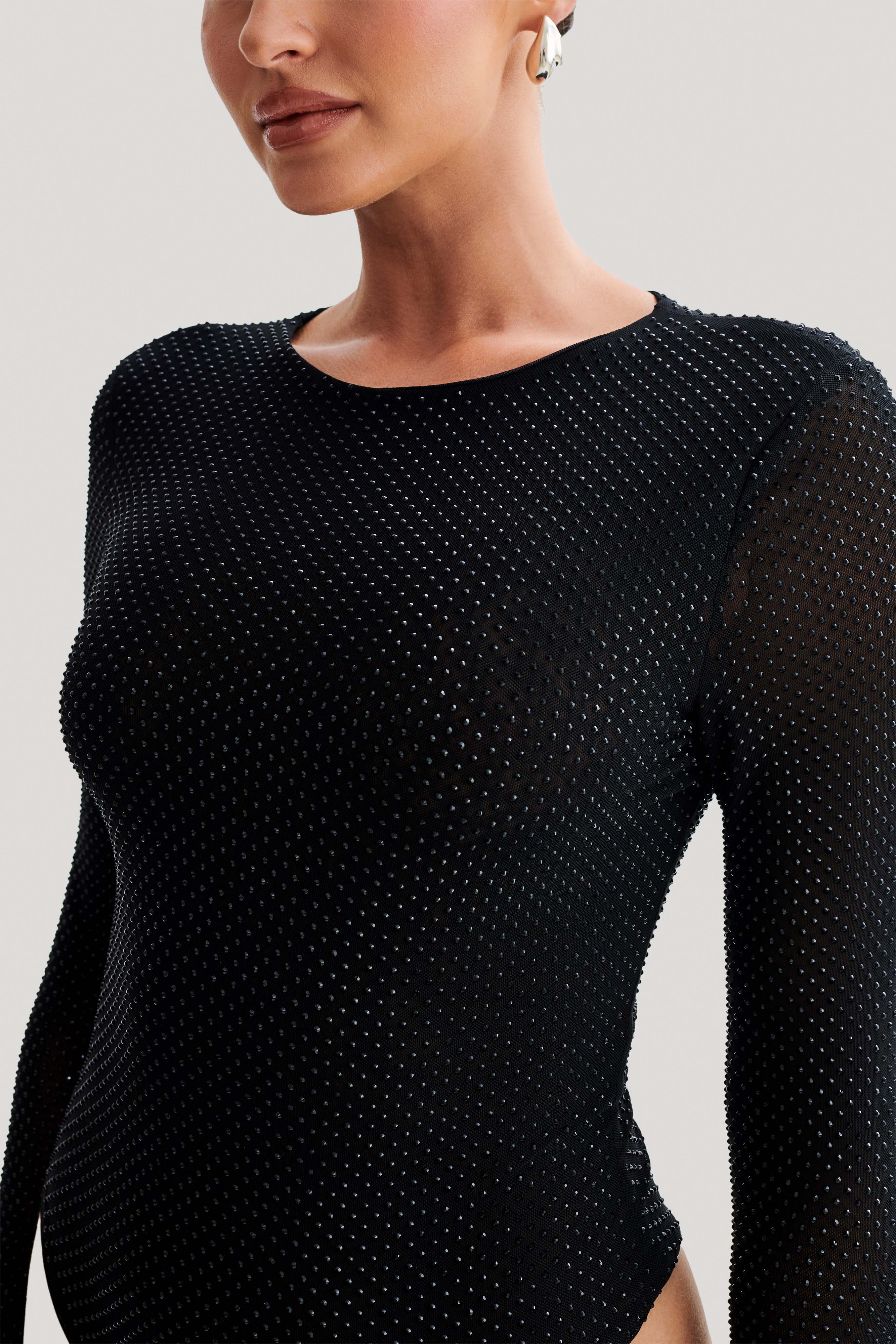 Selma Long Sleeve Diamante Bodysuit - Black/Black、mySite、solidvoid